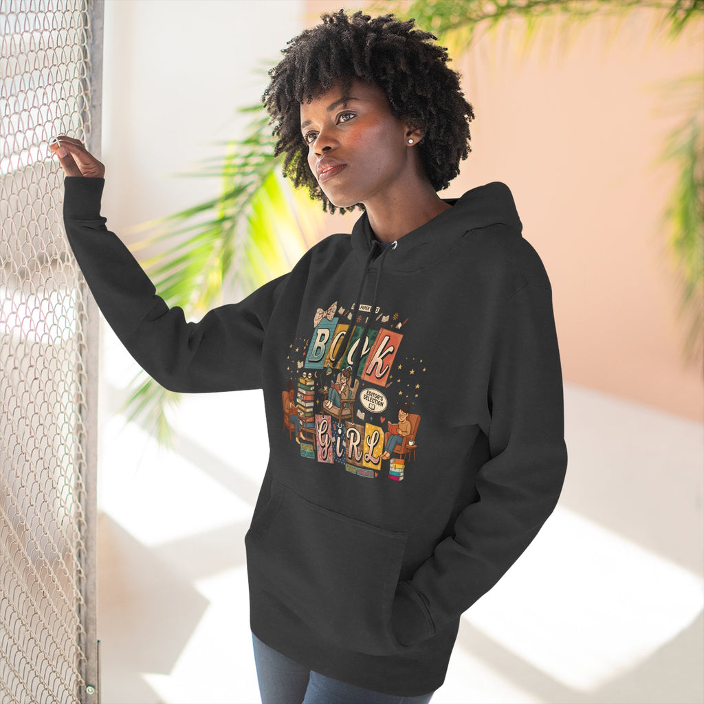 Book Girl Hoodie — Cozy Reading Lovers Pullover with Stacks & Armchair Illustration
