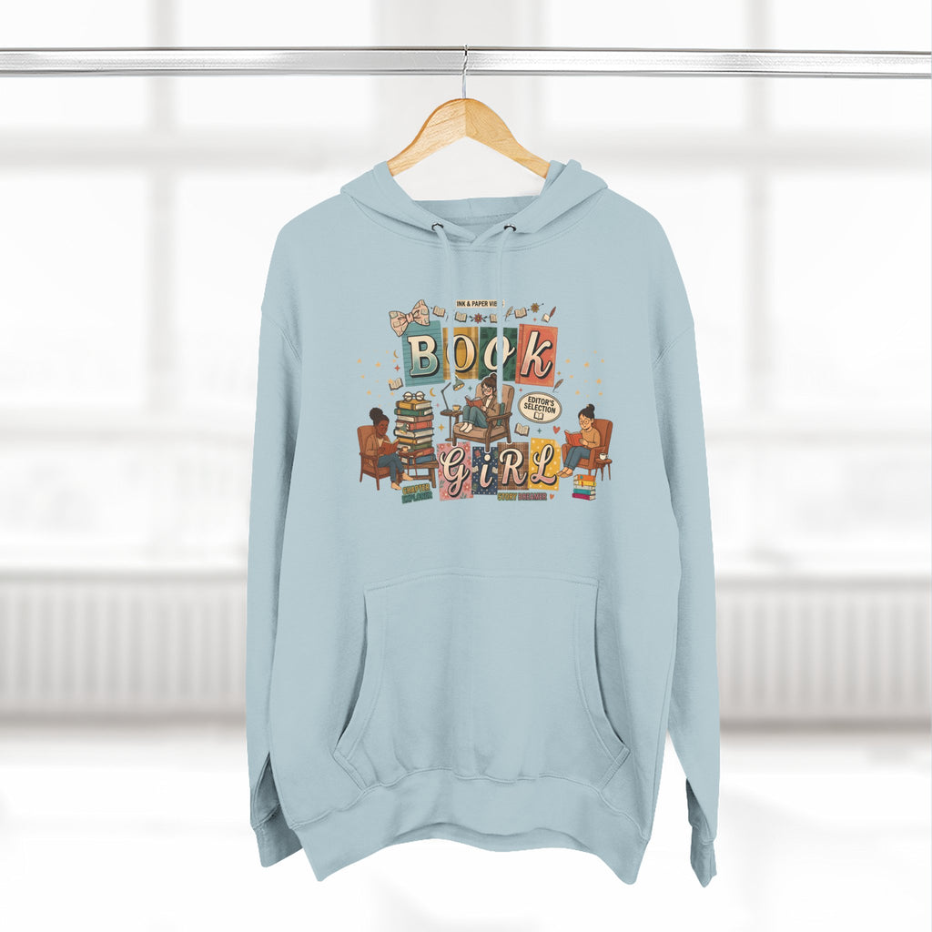 Book Girl Hoodie — Cozy Reading Lovers Pullover with Stacks & Armchair Illustration