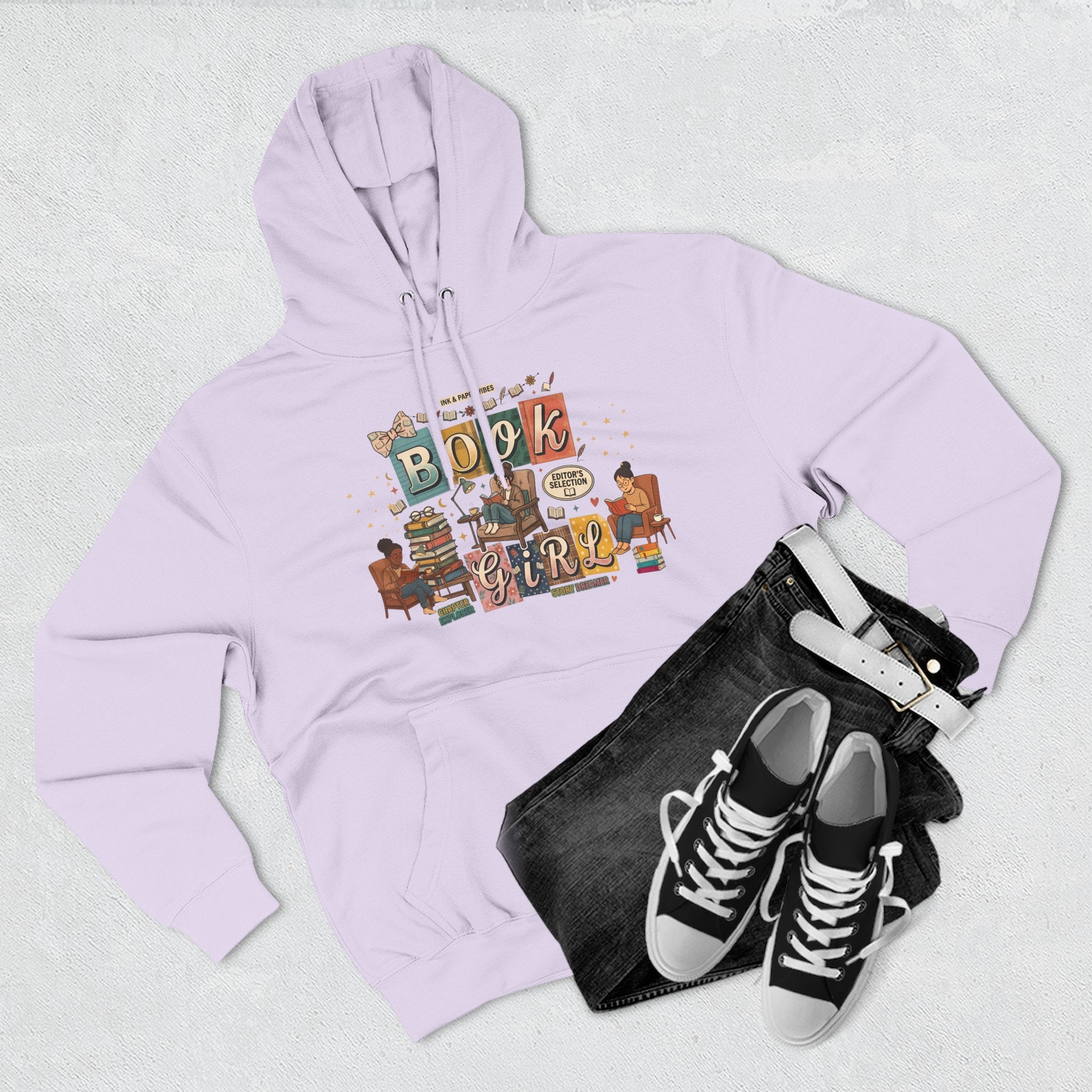 Book Girl Hoodie — Cozy Reading Lovers Pullover with Stacks & Armchair Illustration