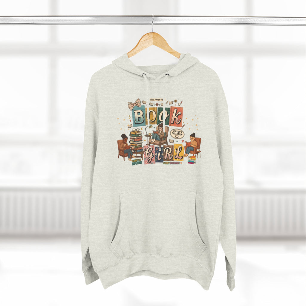 Book Girl Hoodie — Cozy Reading Lovers Pullover with Stacks & Armchair Illustration