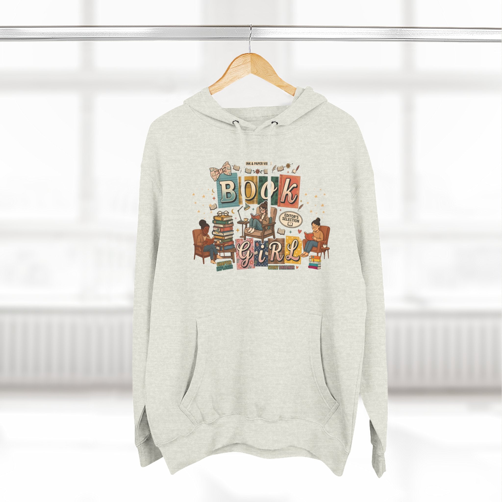 Book Girl Hoodie — Cozy Reading Lovers Pullover with Stacks & Armchair Illustration