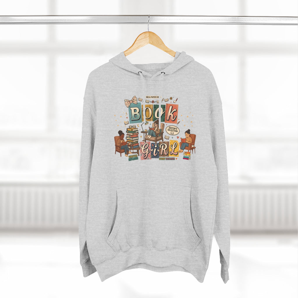 Book Girl Hoodie — Cozy Reading Lovers Pullover with Stacks & Armchair Illustration