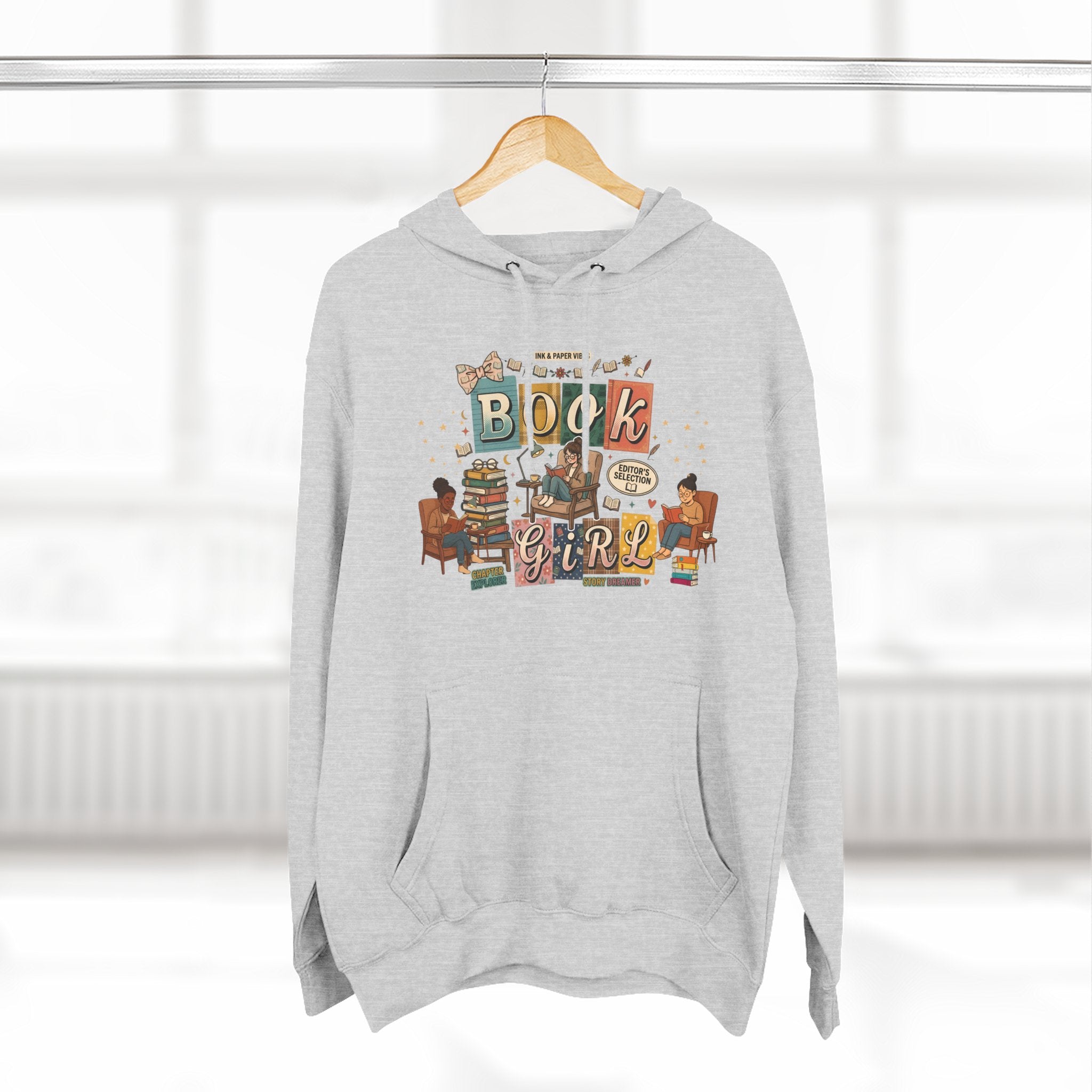 Book Girl Hoodie — Cozy Reading Lovers Pullover with Stacks & Armchair Illustration