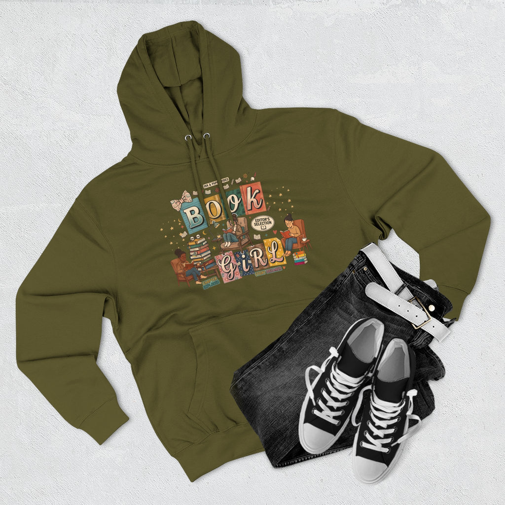 Book Girl Hoodie — Cozy Reading Lovers Pullover with Stacks & Armchair Illustration