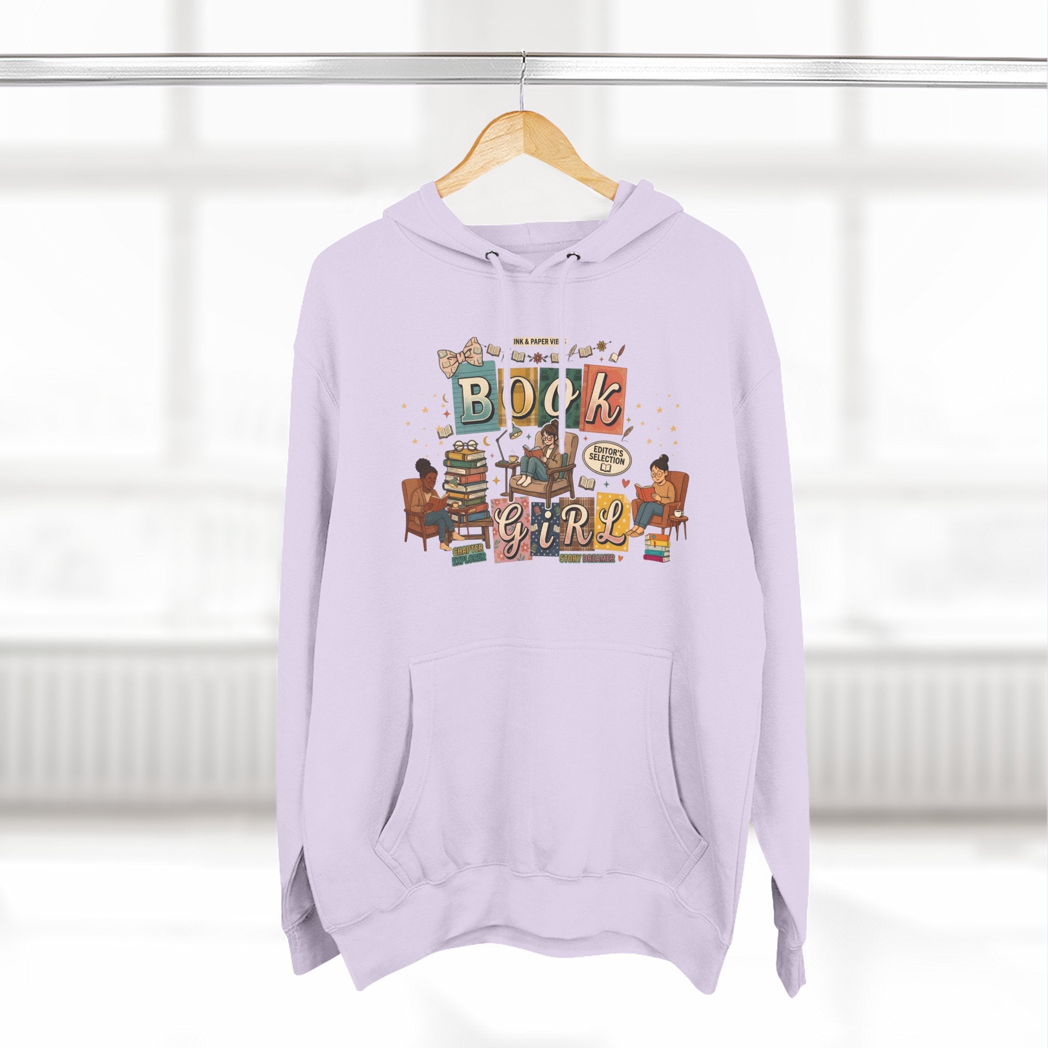 Book Girl Hoodie — Cozy Reading Lovers Pullover with Stacks & Armchair Illustration