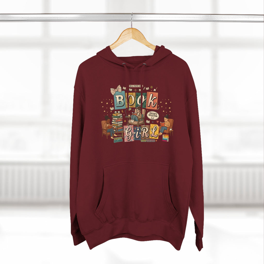 Book Girl Hoodie — Cozy Reading Lovers Pullover with Stacks & Armchair Illustration