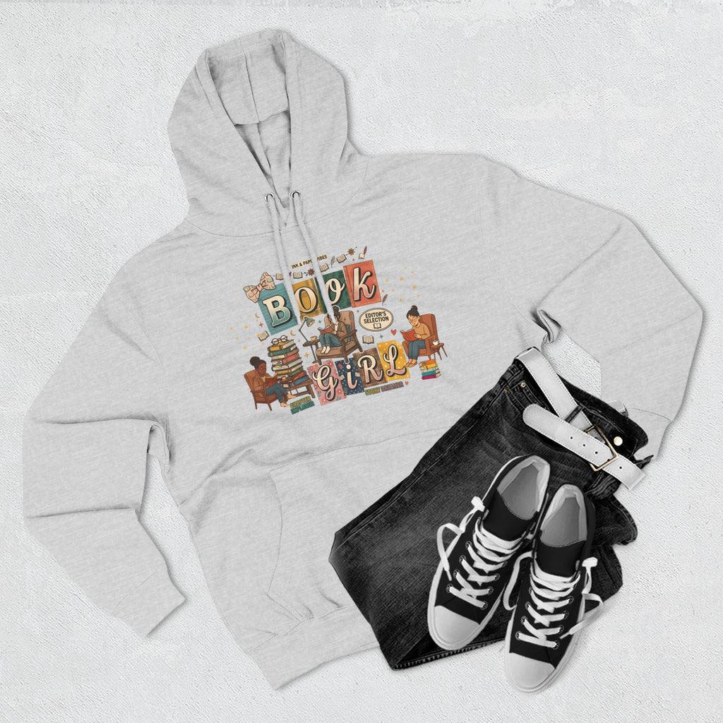 Book Girl Hoodie — Cozy Reading Lovers Pullover with Stacks & Armchair Illustration