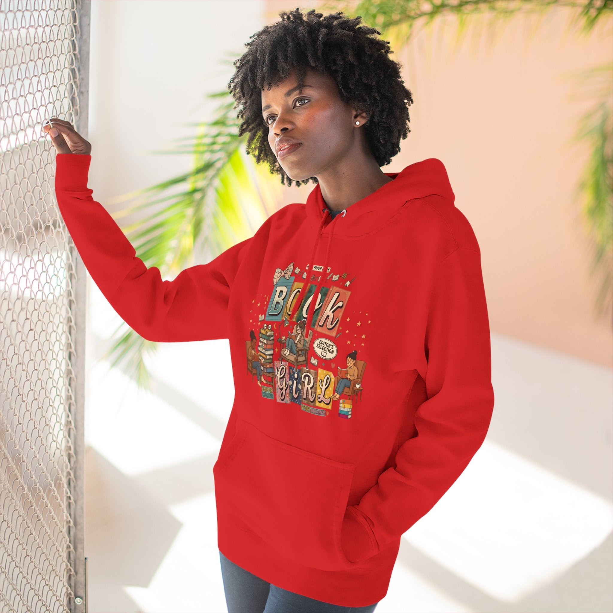 Book Girl Hoodie — Cozy Reading Lovers Pullover with Stacks & Armchair Illustration