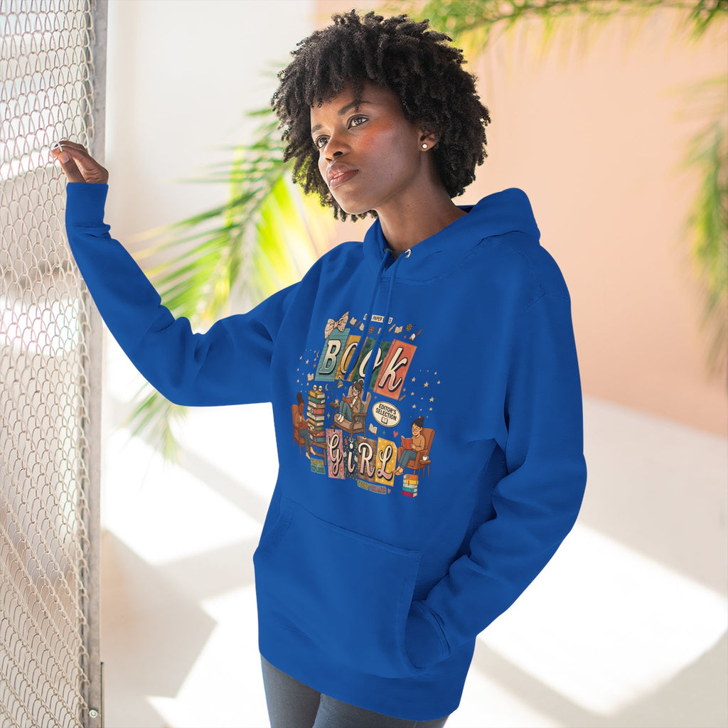 Book Girl Hoodie — Cozy Reading Lovers Pullover with Stacks & Armchair Illustration