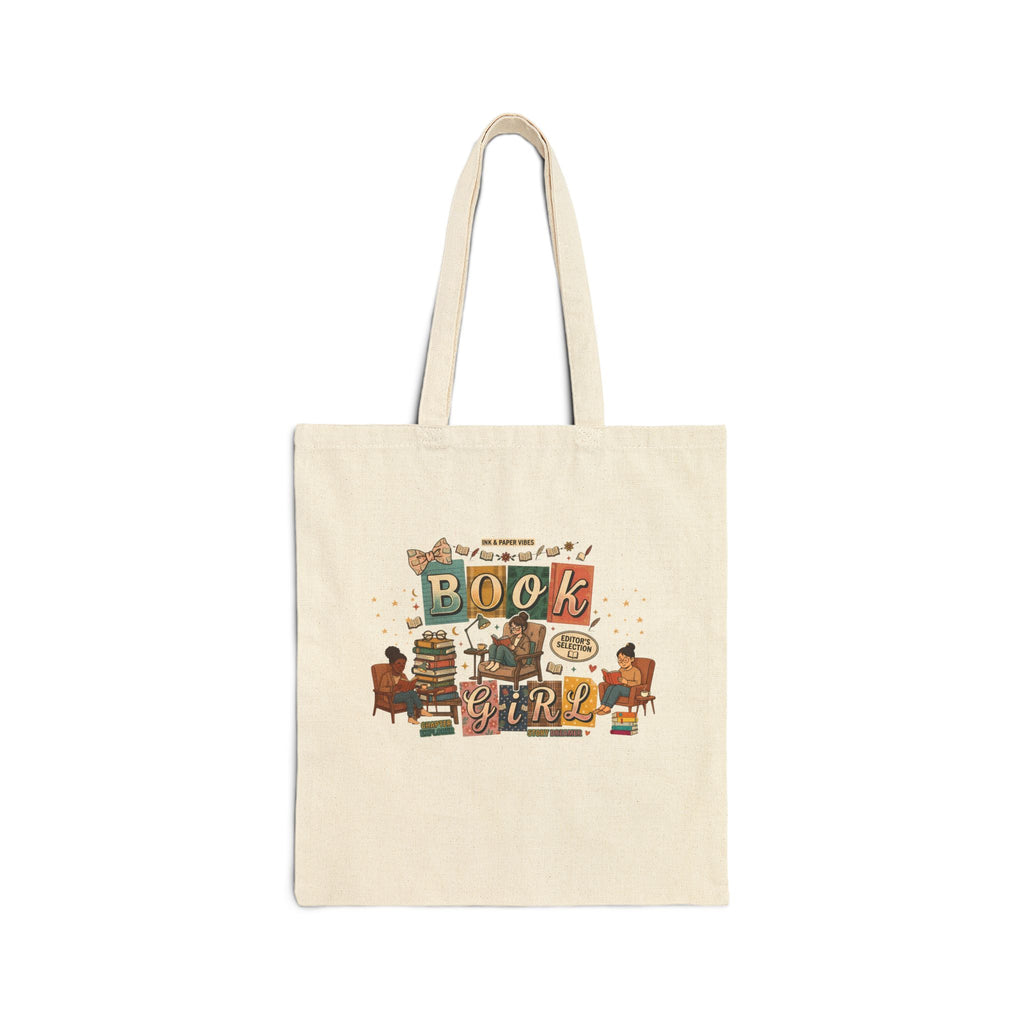 Book Girl Canvas Tote Bag — Vintage Reading Stack Design