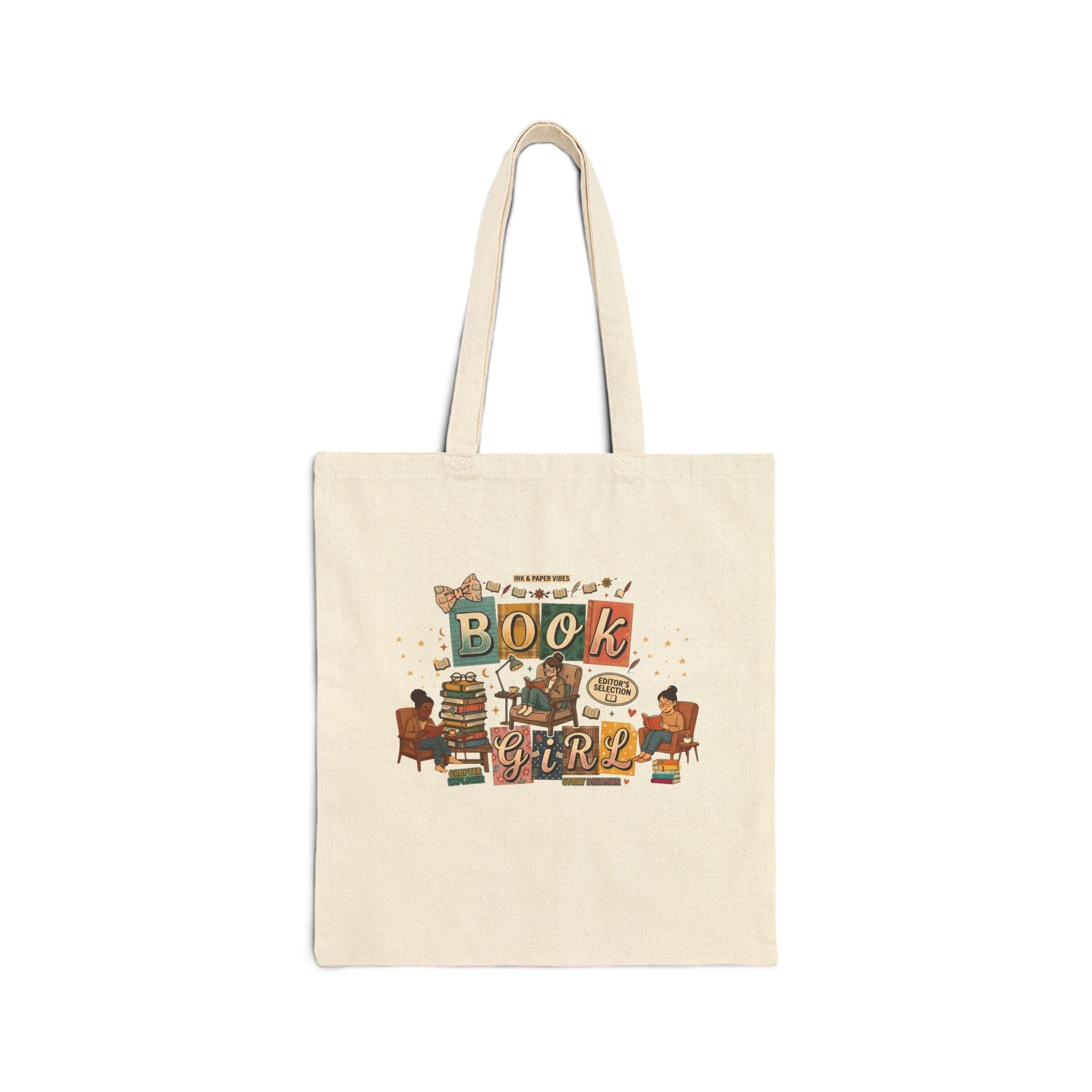 Book Girl Canvas Tote Bag — Vintage Reading Stack Design