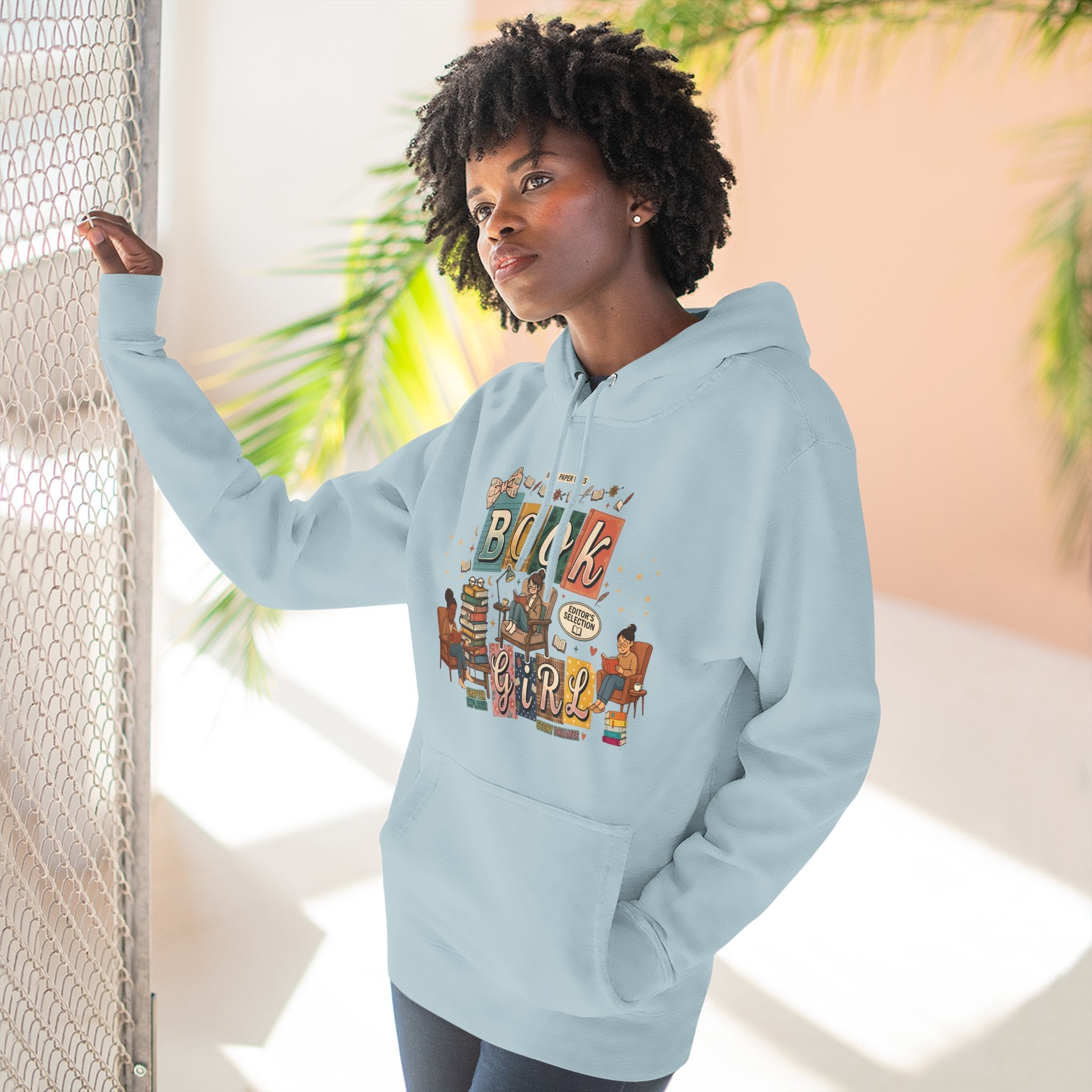 Book Girl Hoodie — Cozy Reading Lovers Pullover with Stacks & Armchair Illustration