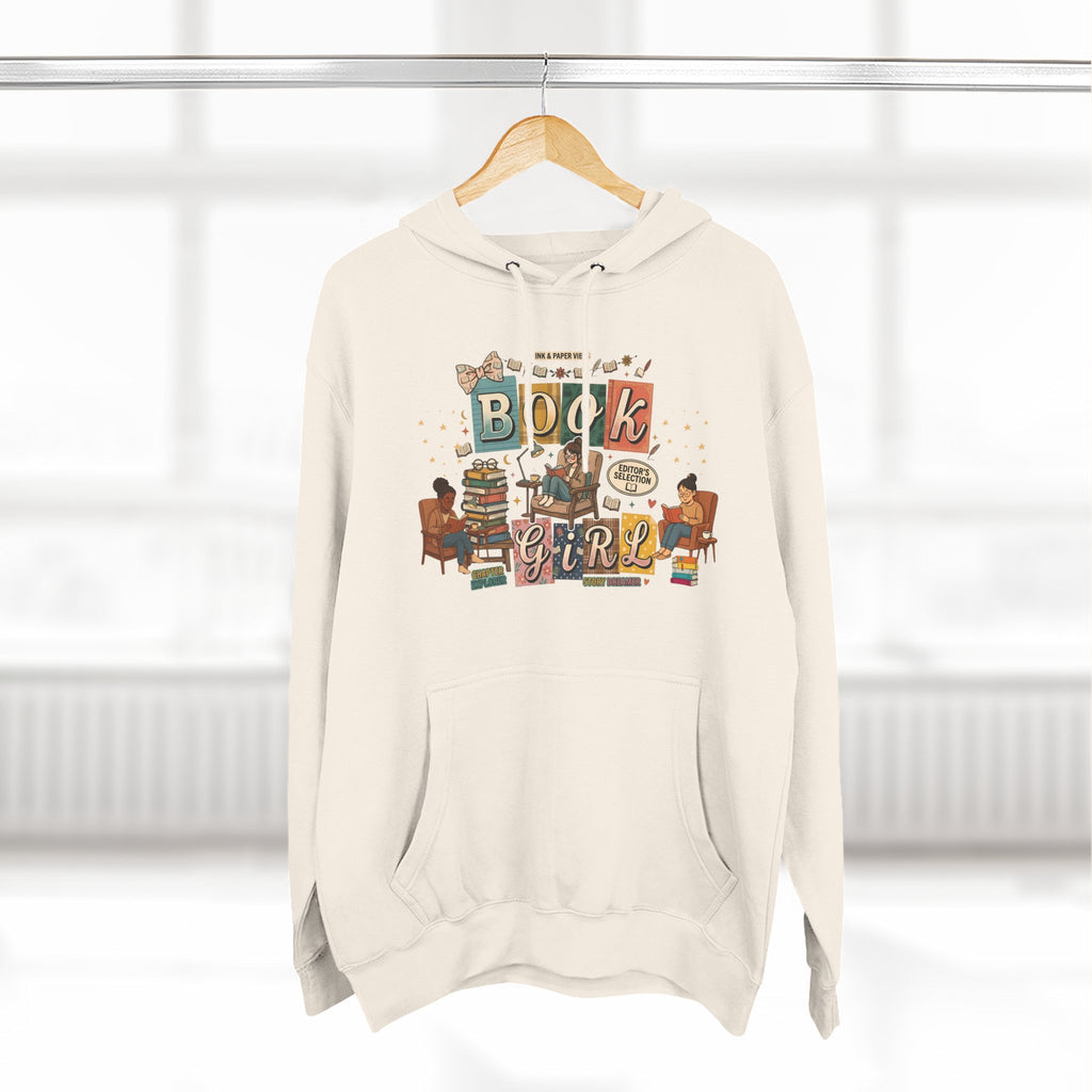 Book Girl Hoodie — Cozy Reading Lovers Pullover with Stacks & Armchair Illustration