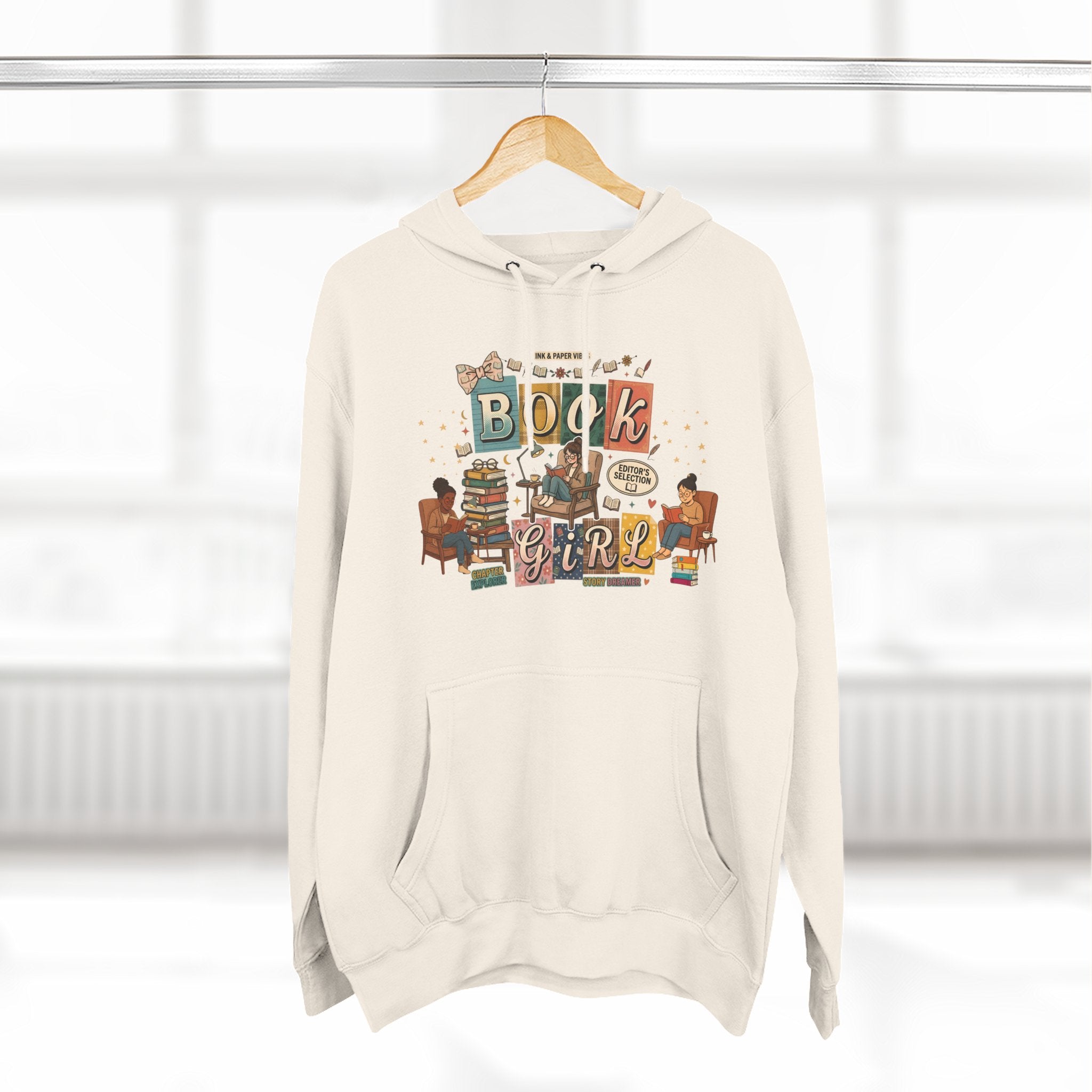 Book Girl Hoodie — Cozy Reading Lovers Pullover with Stacks & Armchair Illustration