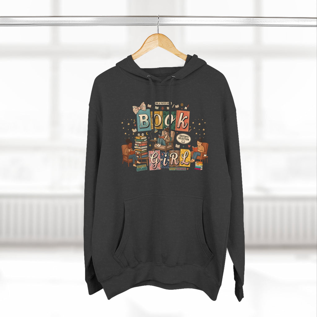 Book Girl Hoodie — Cozy Reading Lovers Pullover with Stacks & Armchair Illustration
