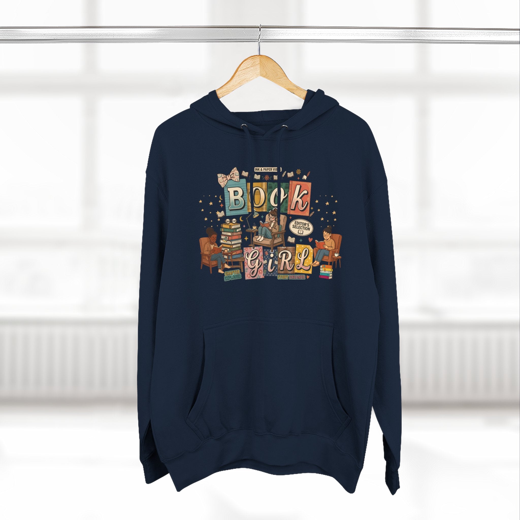 Book Girl Hoodie — Cozy Reading Lovers Pullover with Stacks & Armchair Illustration