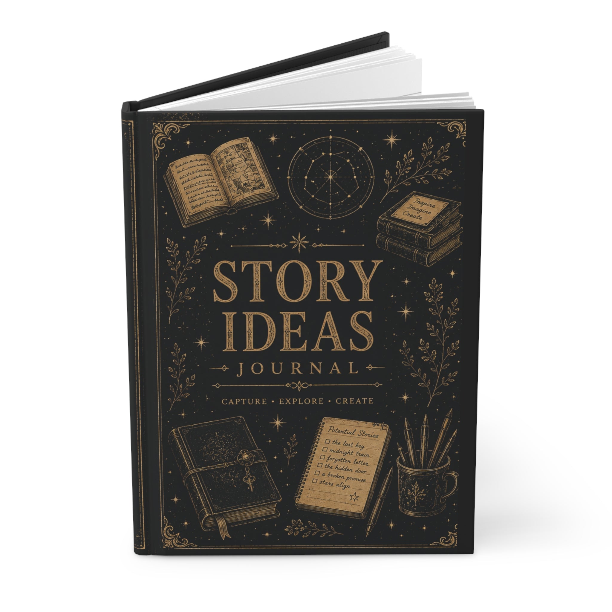 Story Ideas Hardcover Journal — Writer’s Notebook with Quill & Candle Illustration