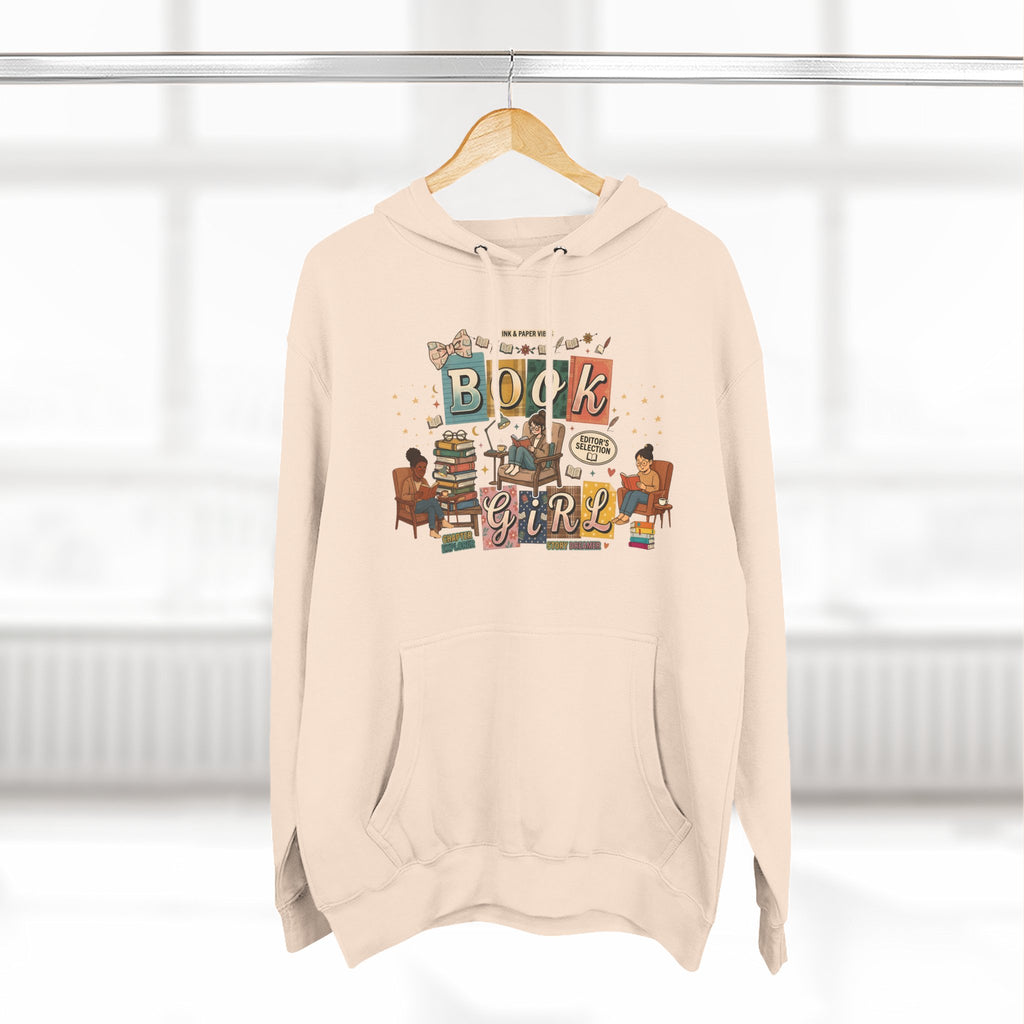 Book Girl Hoodie — Cozy Reading Lovers Pullover with Stacks & Armchair Illustration