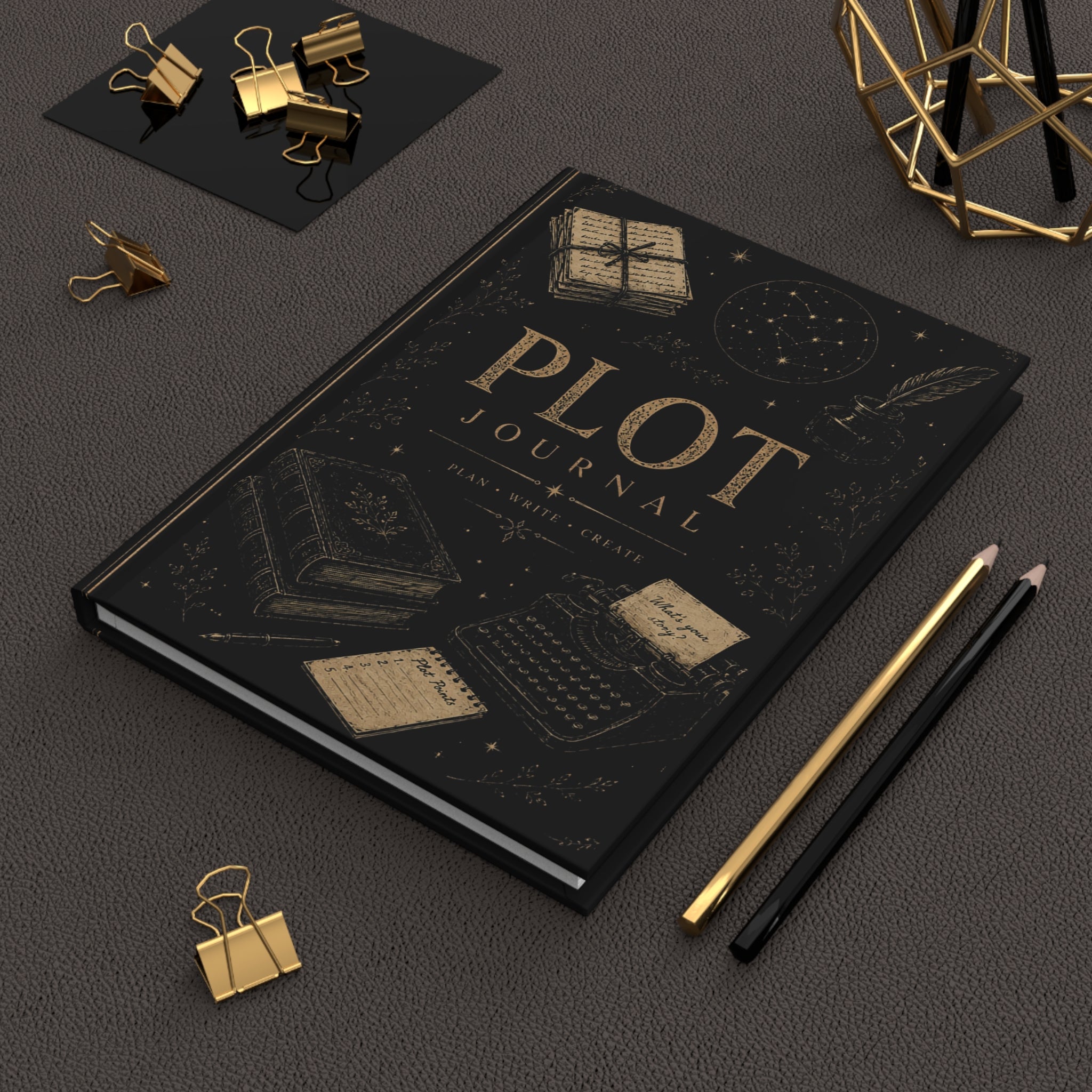 Plot Notes Hardcover Journal — Writer's Notebook with Quill & Candle Design