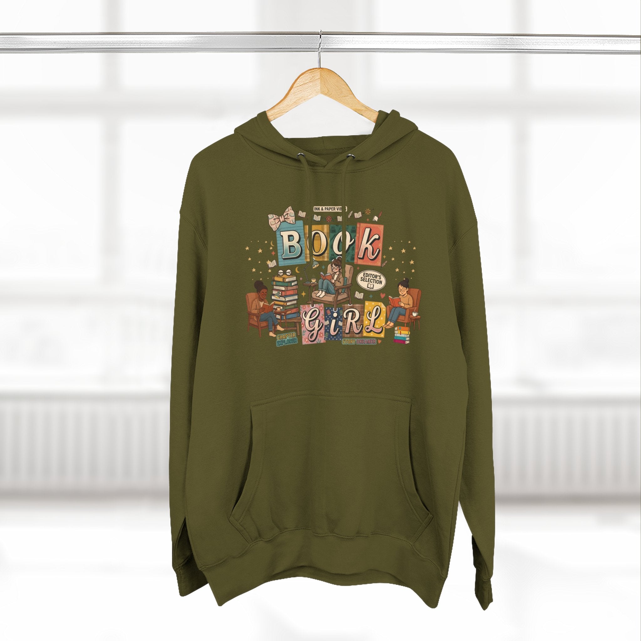 Book Girl Hoodie — Cozy Reading Lovers Pullover with Stacks & Armchair Illustration
