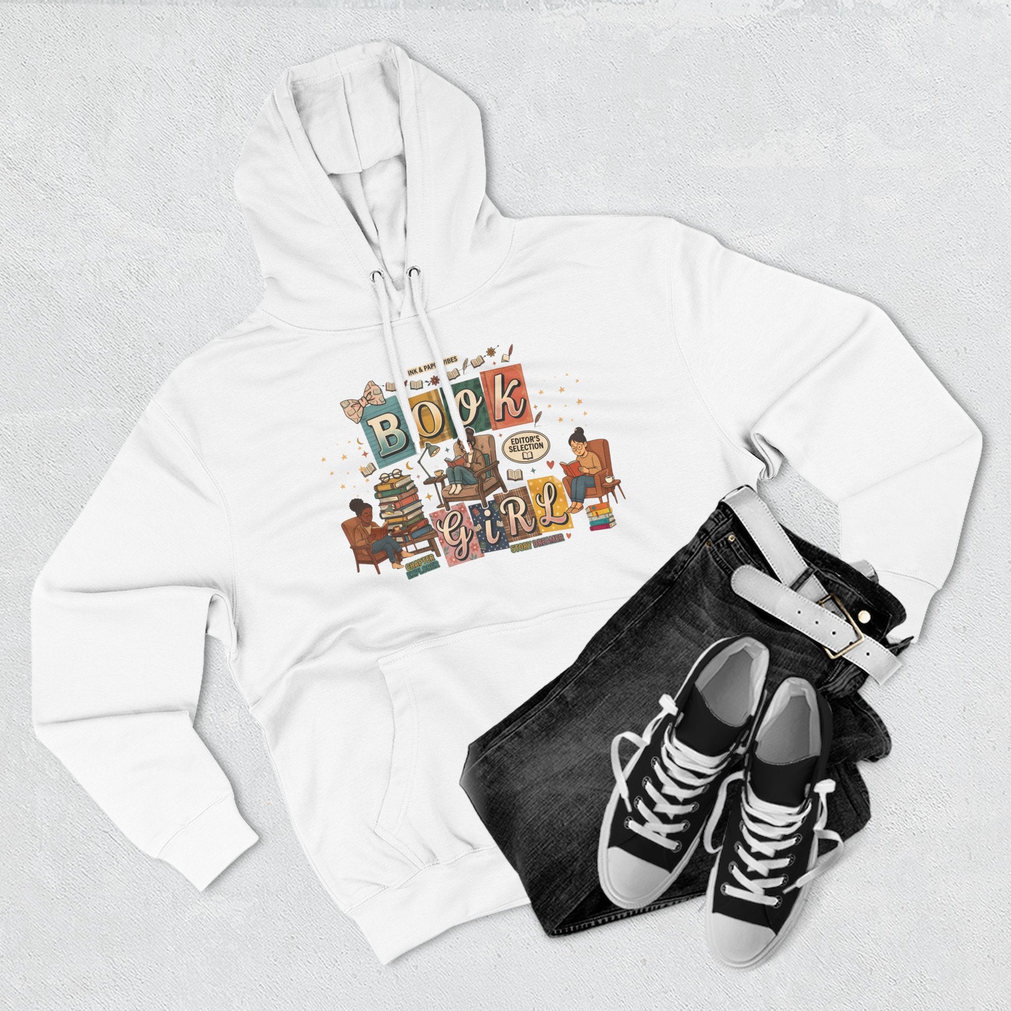 Book Girl Hoodie — Cozy Reading Lovers Pullover with Stacks & Armchair Illustration