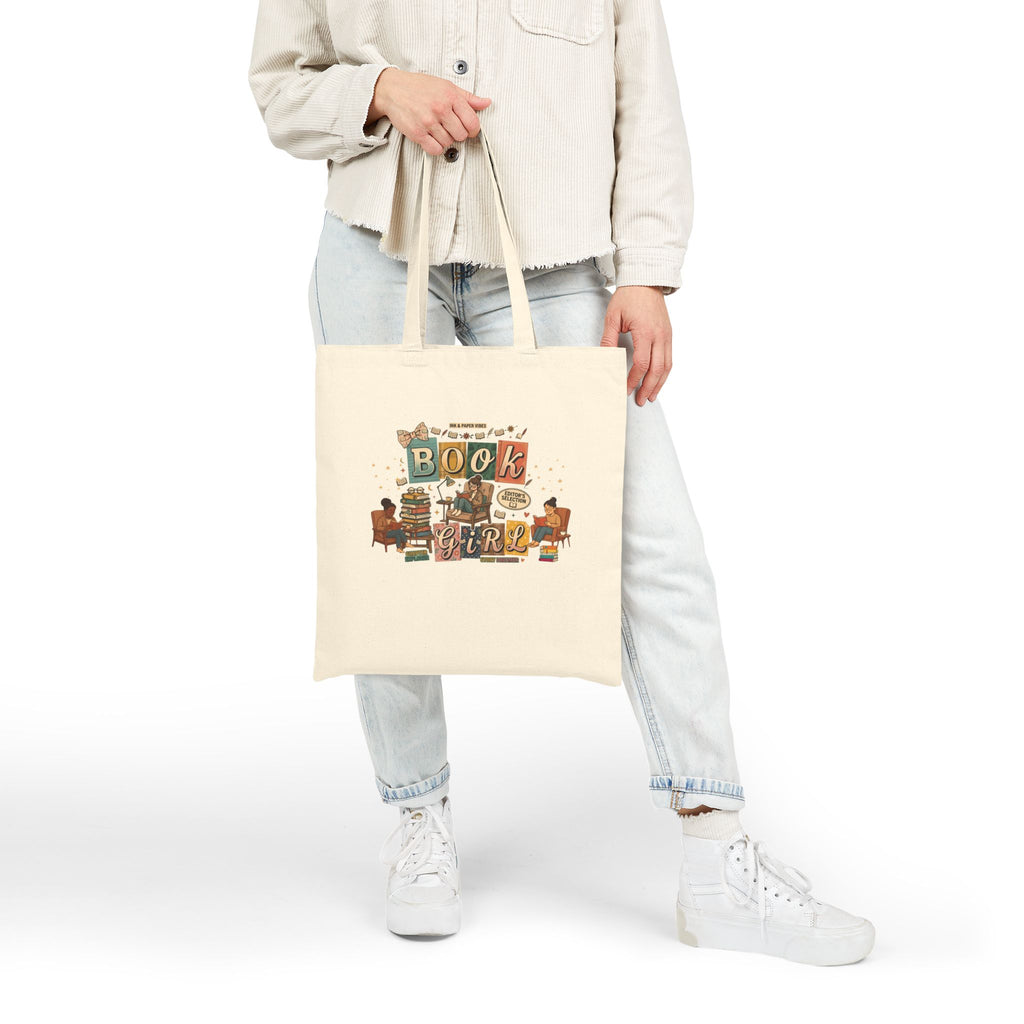 Book Girl Canvas Tote Bag — Vintage Reading Stack Design