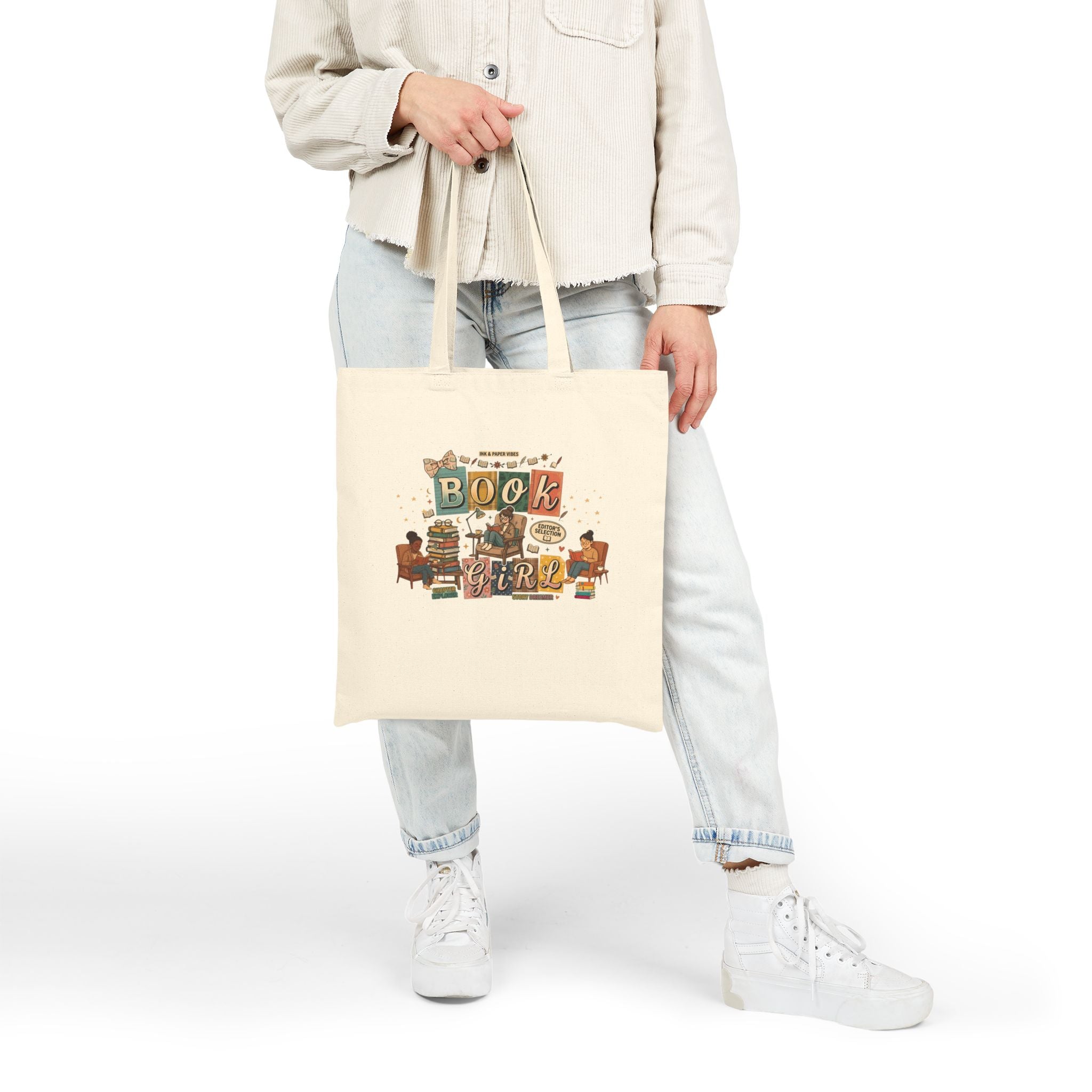 Book Girl Canvas Tote Bag — Vintage Reading Stack Design