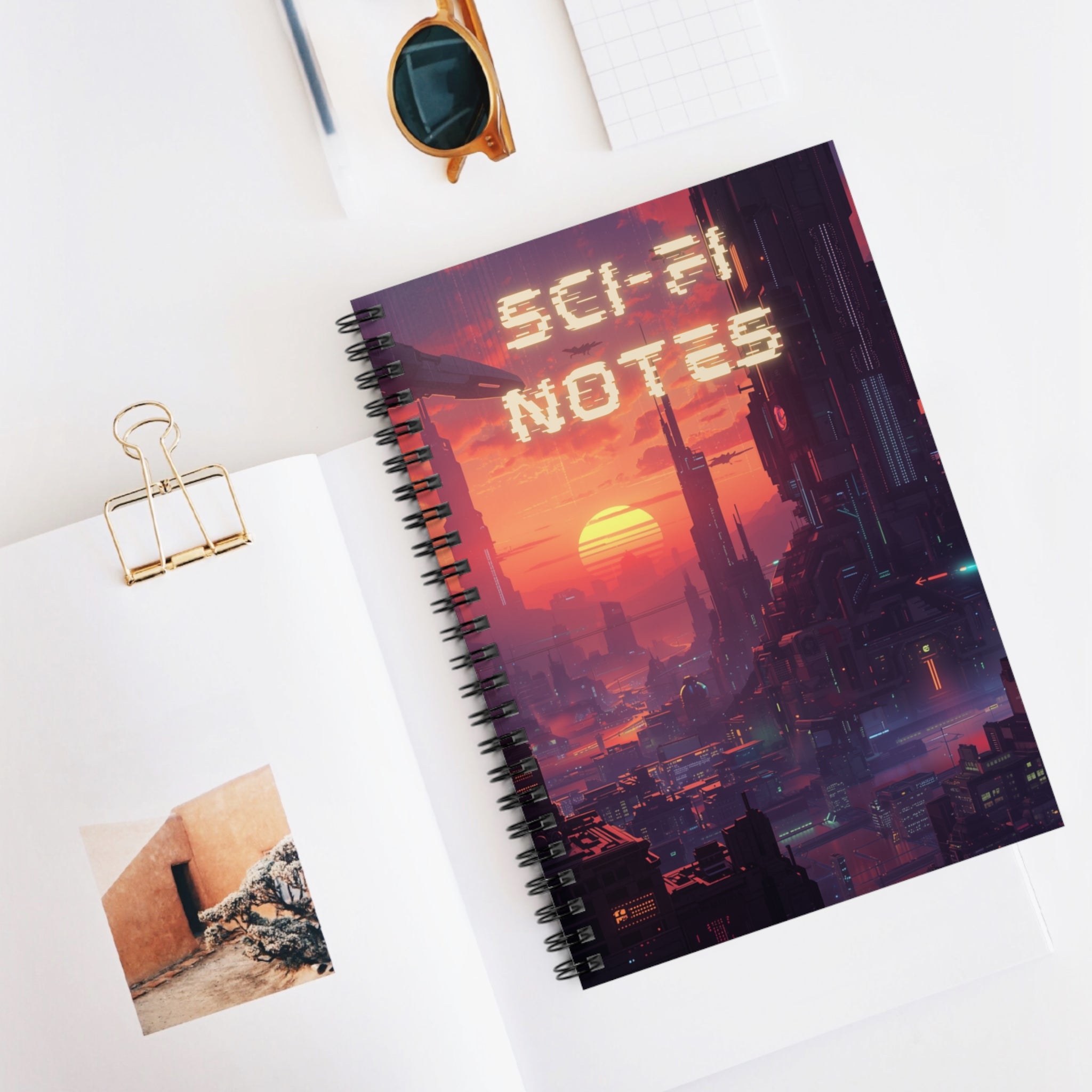 Sci‑Fi Notes Spiral Notebook — Cyberpunk Sunset Ruled Journal for Writers & Students