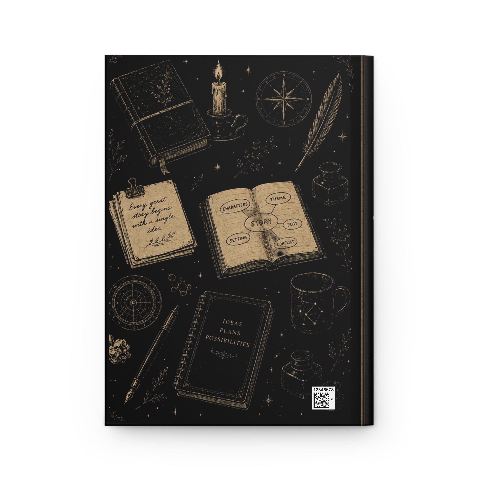 Plot Notes Hardcover Journal — Writer's Notebook with Quill & Candle Design