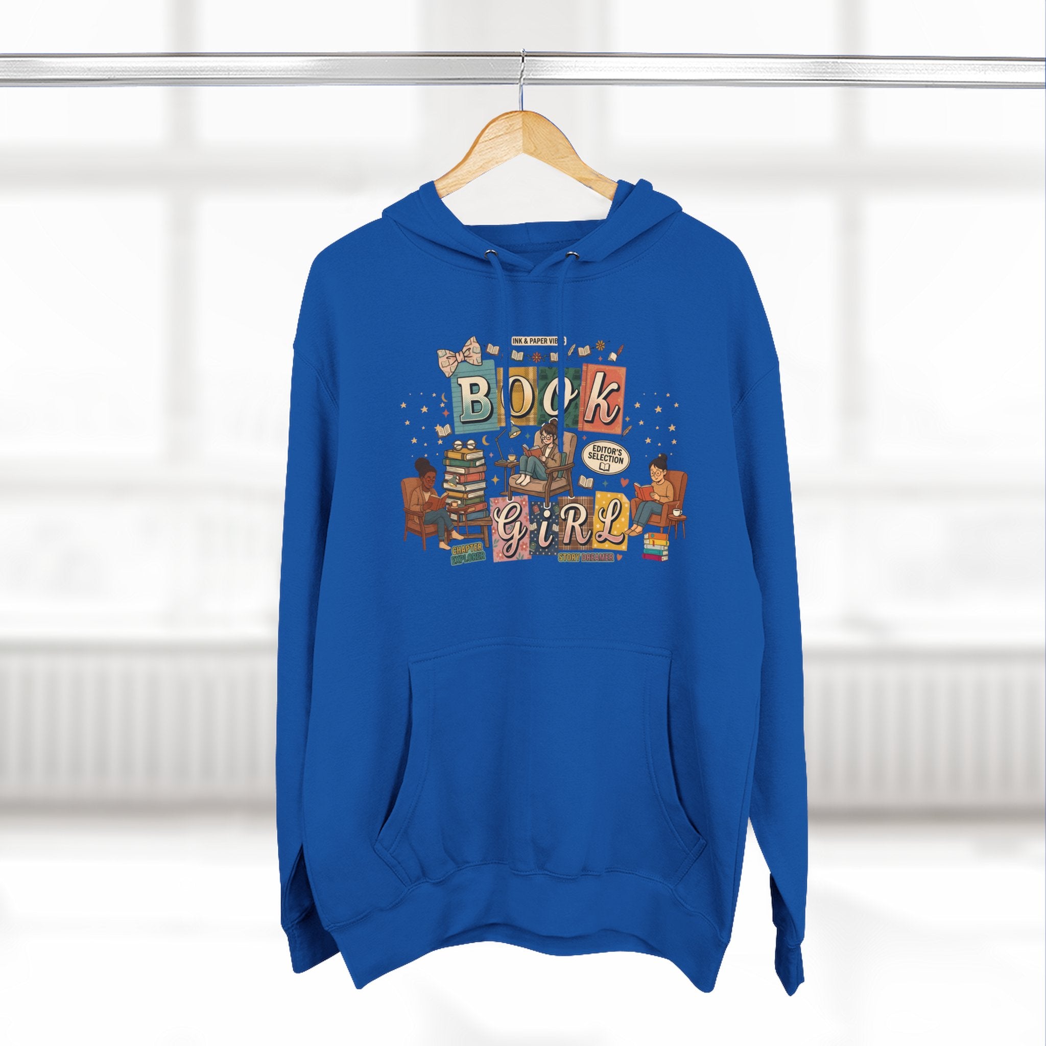 Book Girl Hoodie — Cozy Reading Lovers Pullover with Stacks & Armchair Illustration