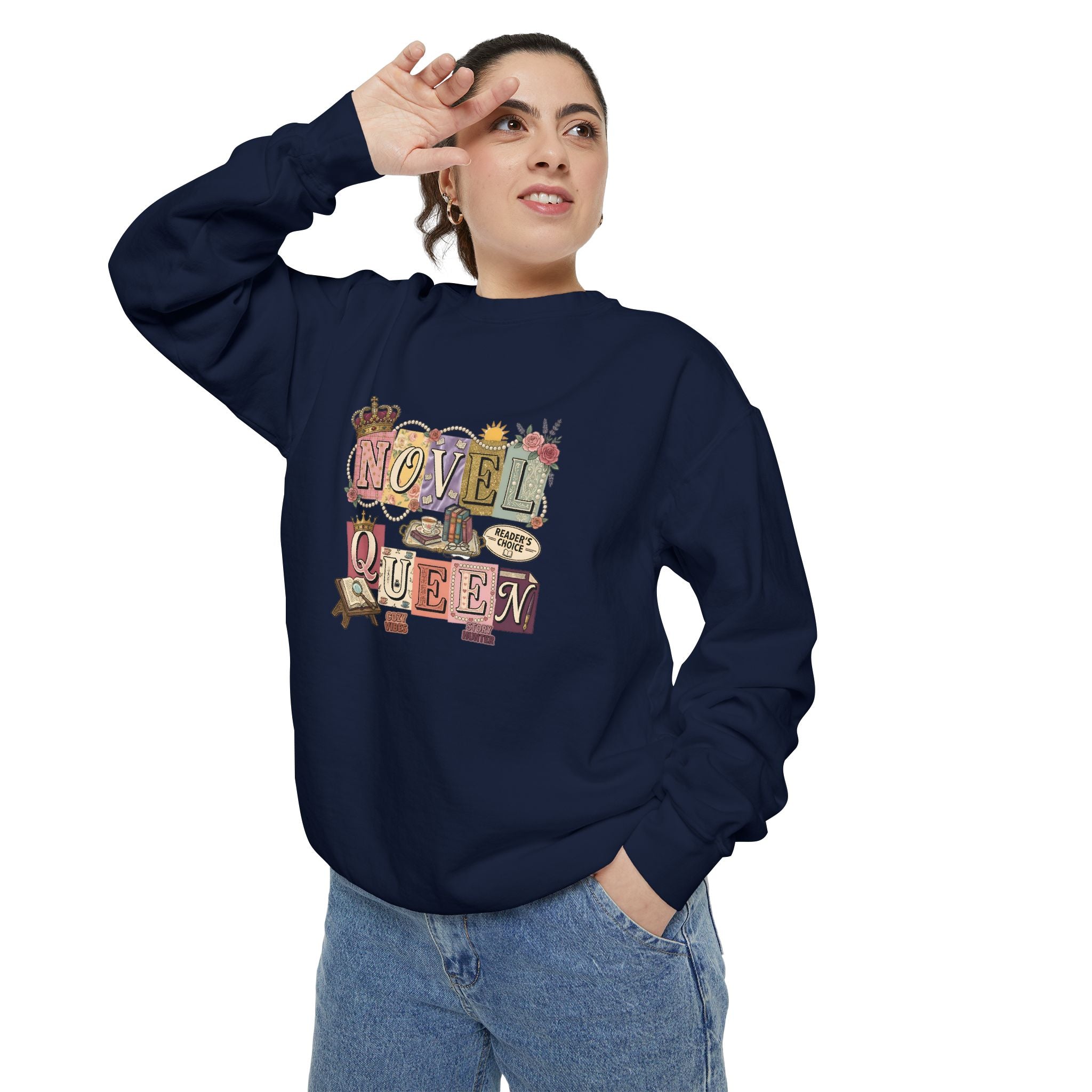 Novel Queen Sweatshirt — Vintage Booklover Literary Graphic Crewneck