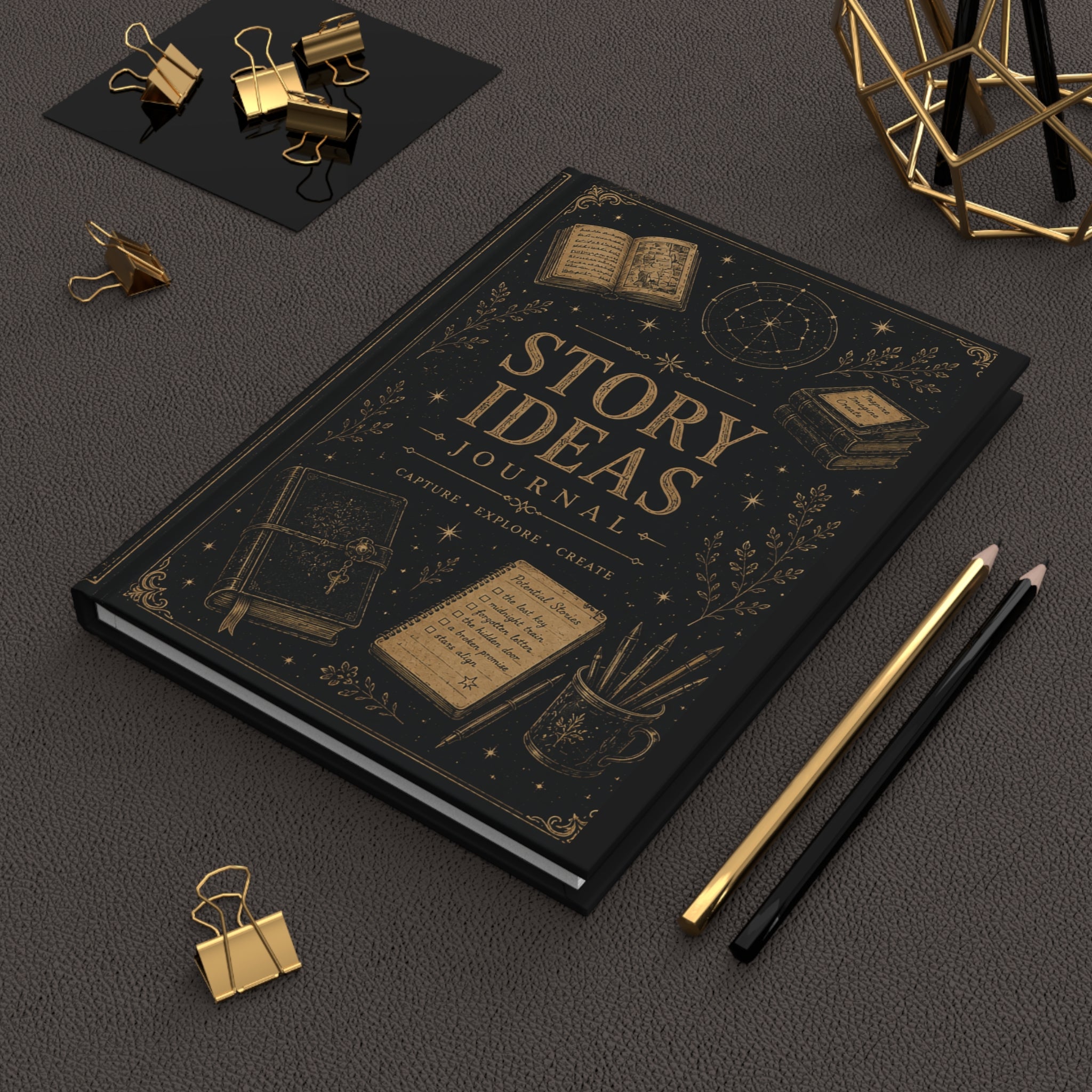 Story Ideas Hardcover Journal — Writer’s Notebook with Quill & Candle Illustration