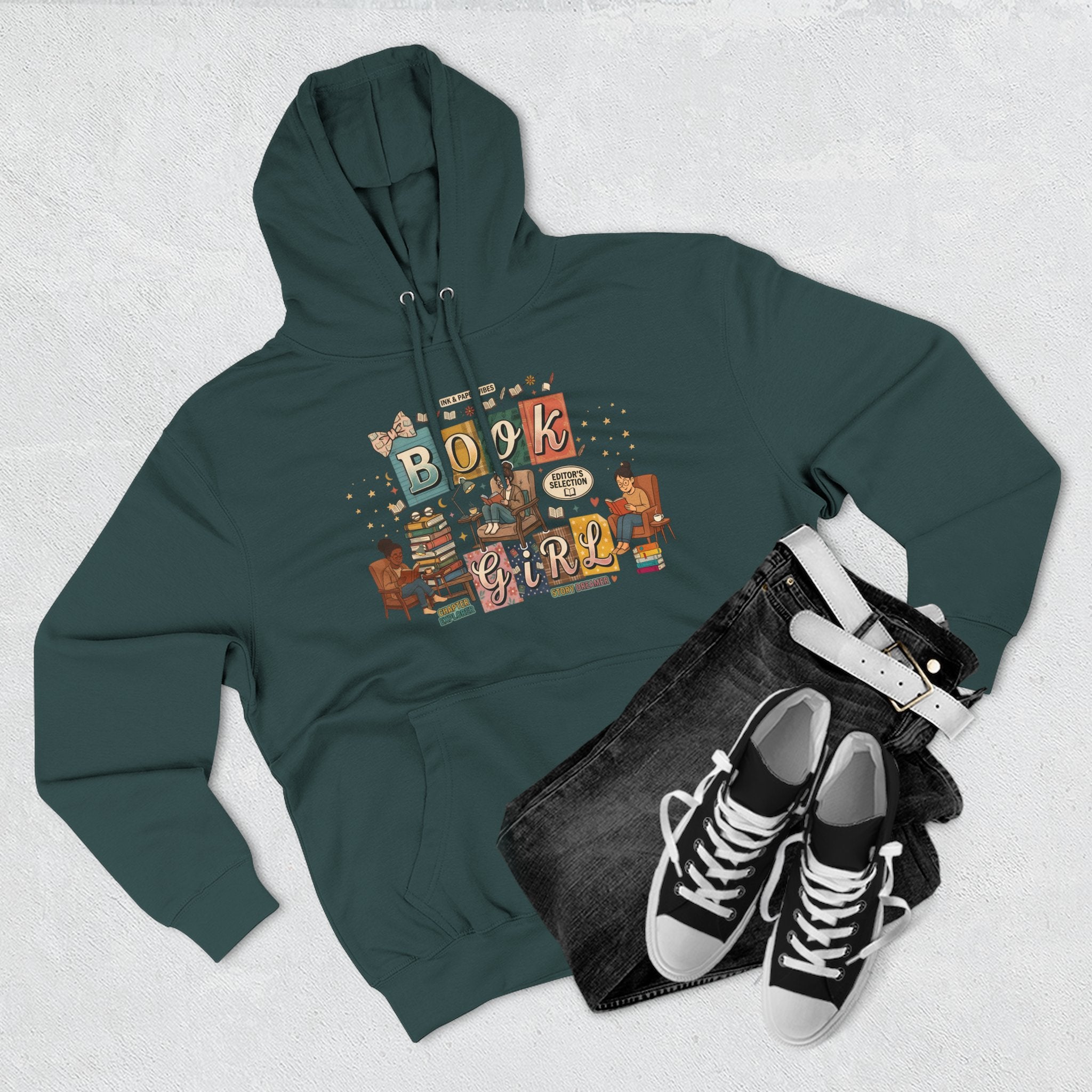 Book Girl Hoodie — Cozy Reading Lovers Pullover with Stacks & Armchair Illustration