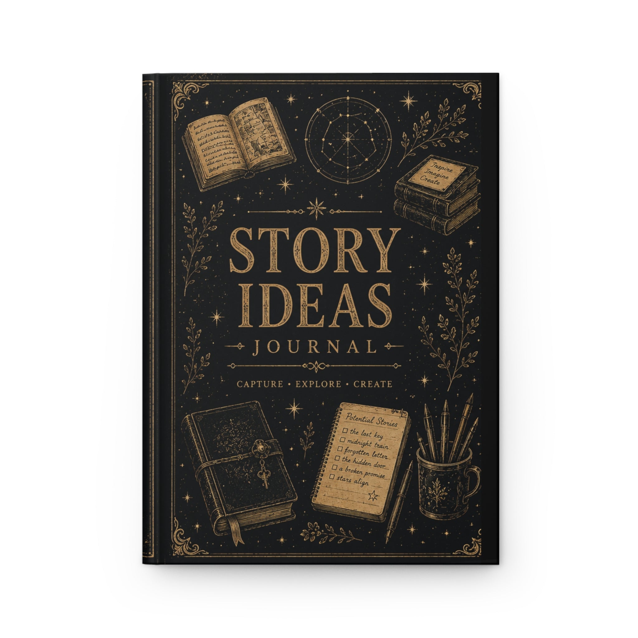Story Ideas Hardcover Journal — Writer’s Notebook with Quill & Candle Illustration