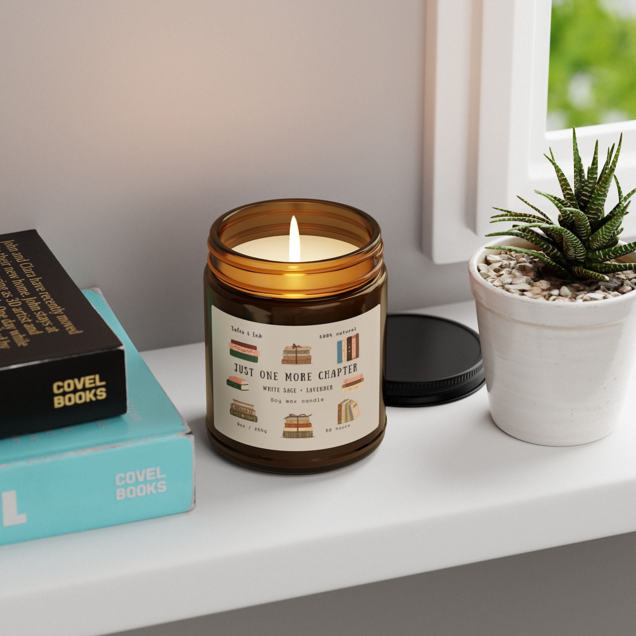 Book Lover Soy Candle — "Just One More Chapter" Scented Amber Jar (White Sage & Lavender)