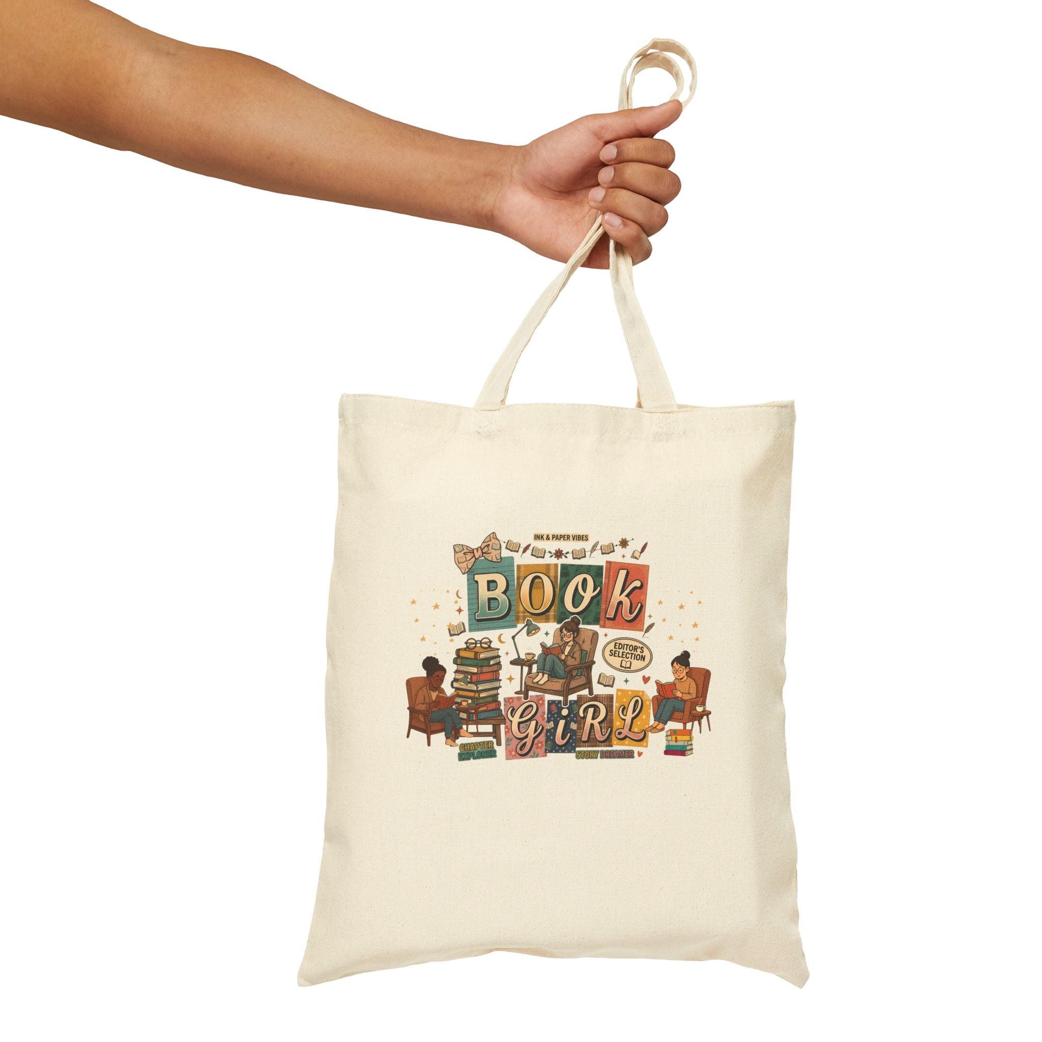 Book Girl Canvas Tote Bag — Vintage Reading Stack Design