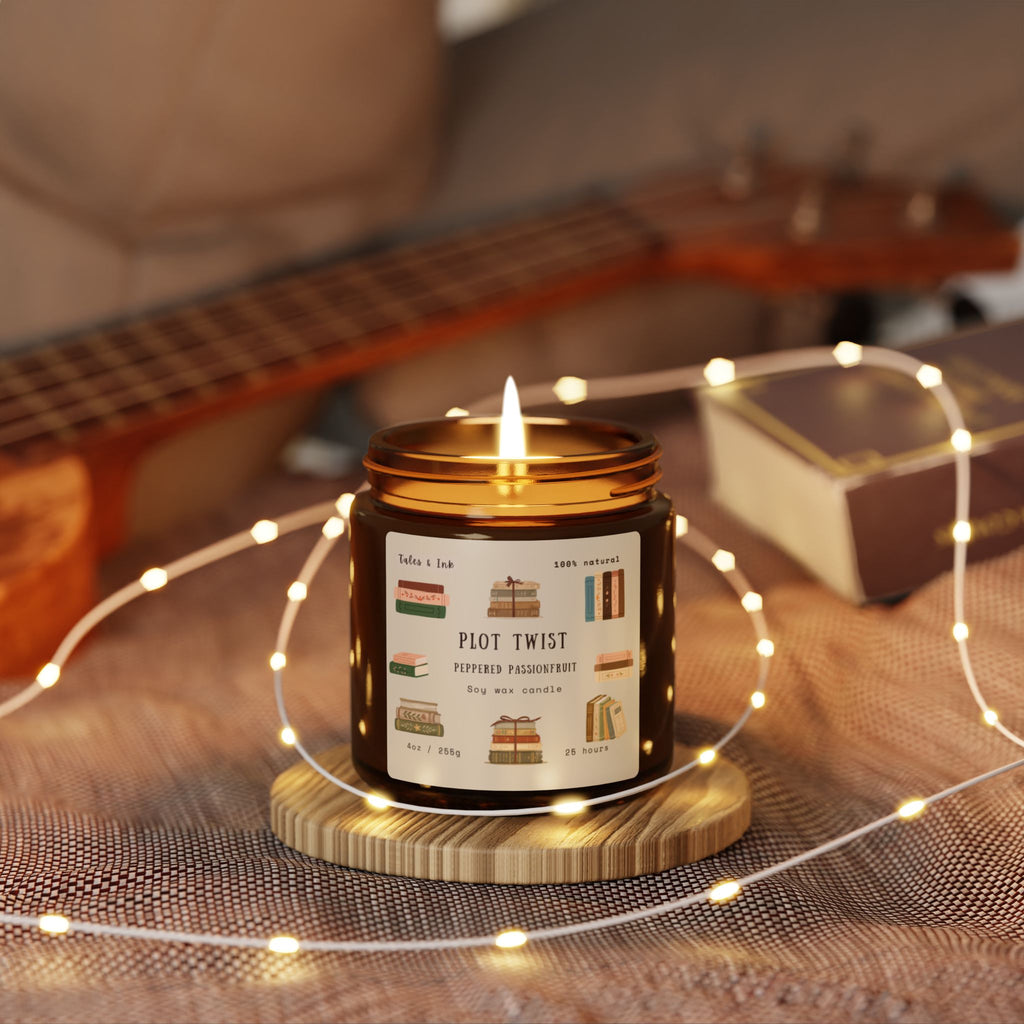 Plot Twist Peppered Passionfruit Scented Soy Candle — Amber Jar