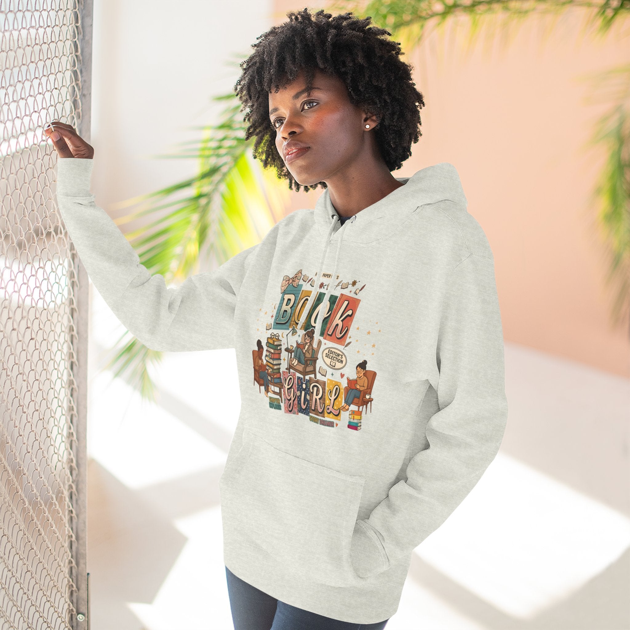 Book Girl Hoodie — Cozy Reading Lovers Pullover with Stacks & Armchair Illustration