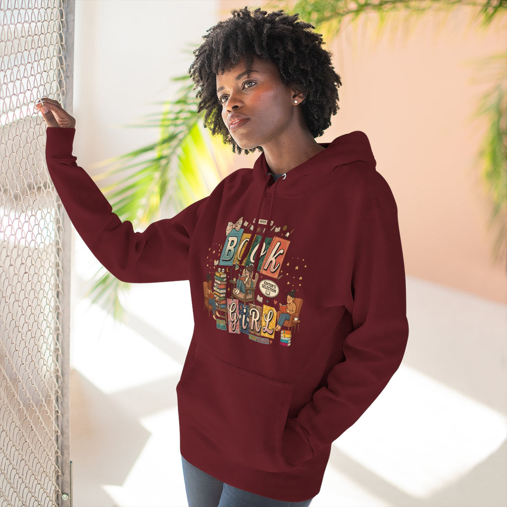 Book Girl Hoodie — Cozy Reading Lovers Pullover with Stacks & Armchair Illustration