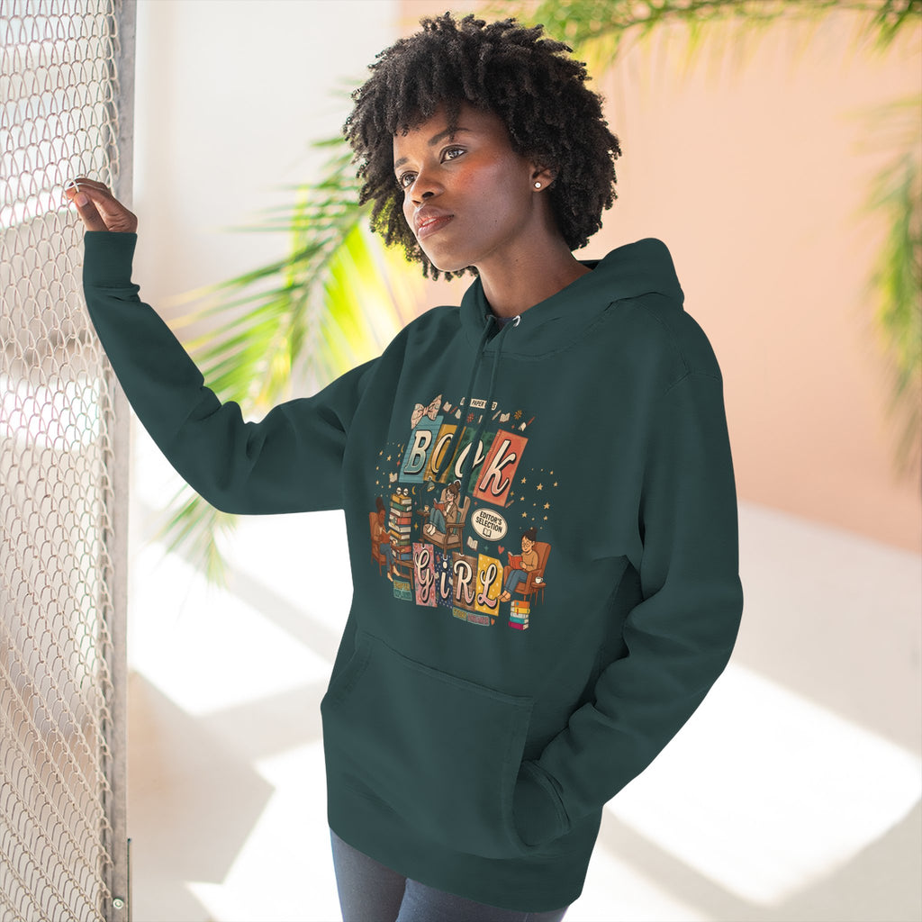Book Girl Hoodie — Cozy Reading Lovers Pullover with Stacks & Armchair Illustration