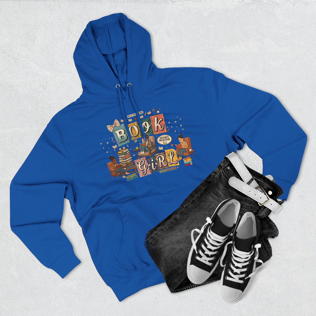 Book Girl Hoodie — Cozy Reading Lovers Pullover with Stacks & Armchair Illustration