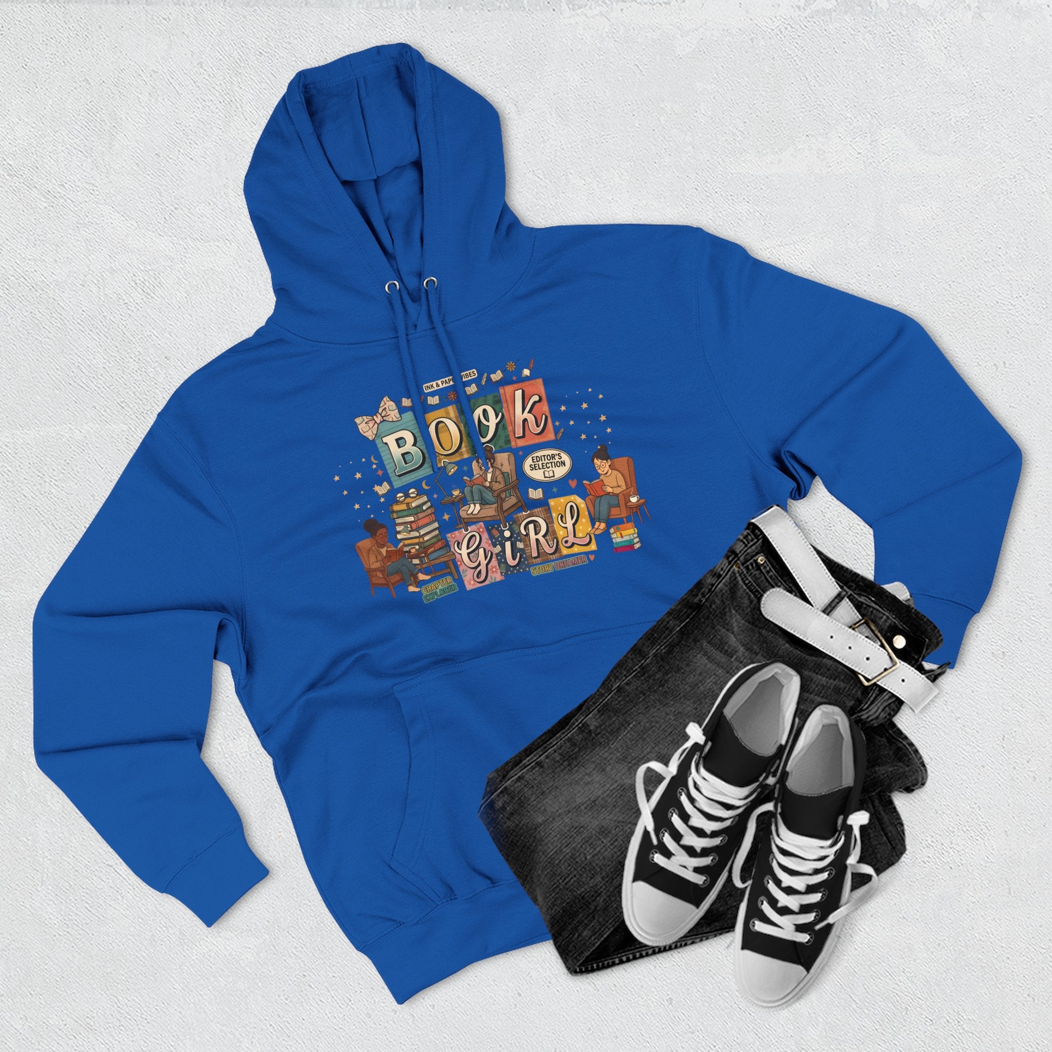 Book Girl Hoodie — Cozy Reading Lovers Pullover with Stacks & Armchair Illustration