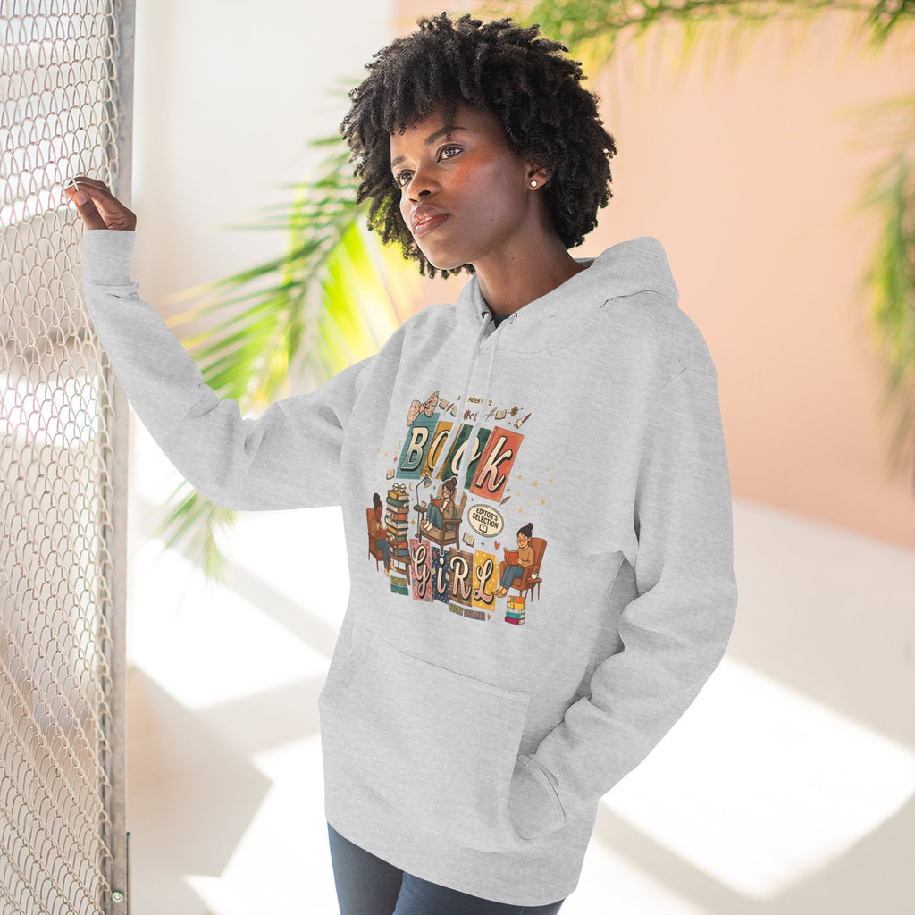Book Girl Hoodie — Cozy Reading Lovers Pullover with Stacks & Armchair Illustration