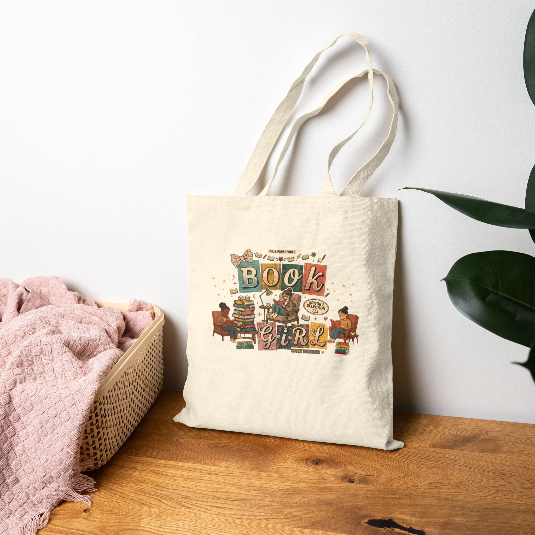 Book Girl Canvas Tote Bag — Vintage Reading Stack Design