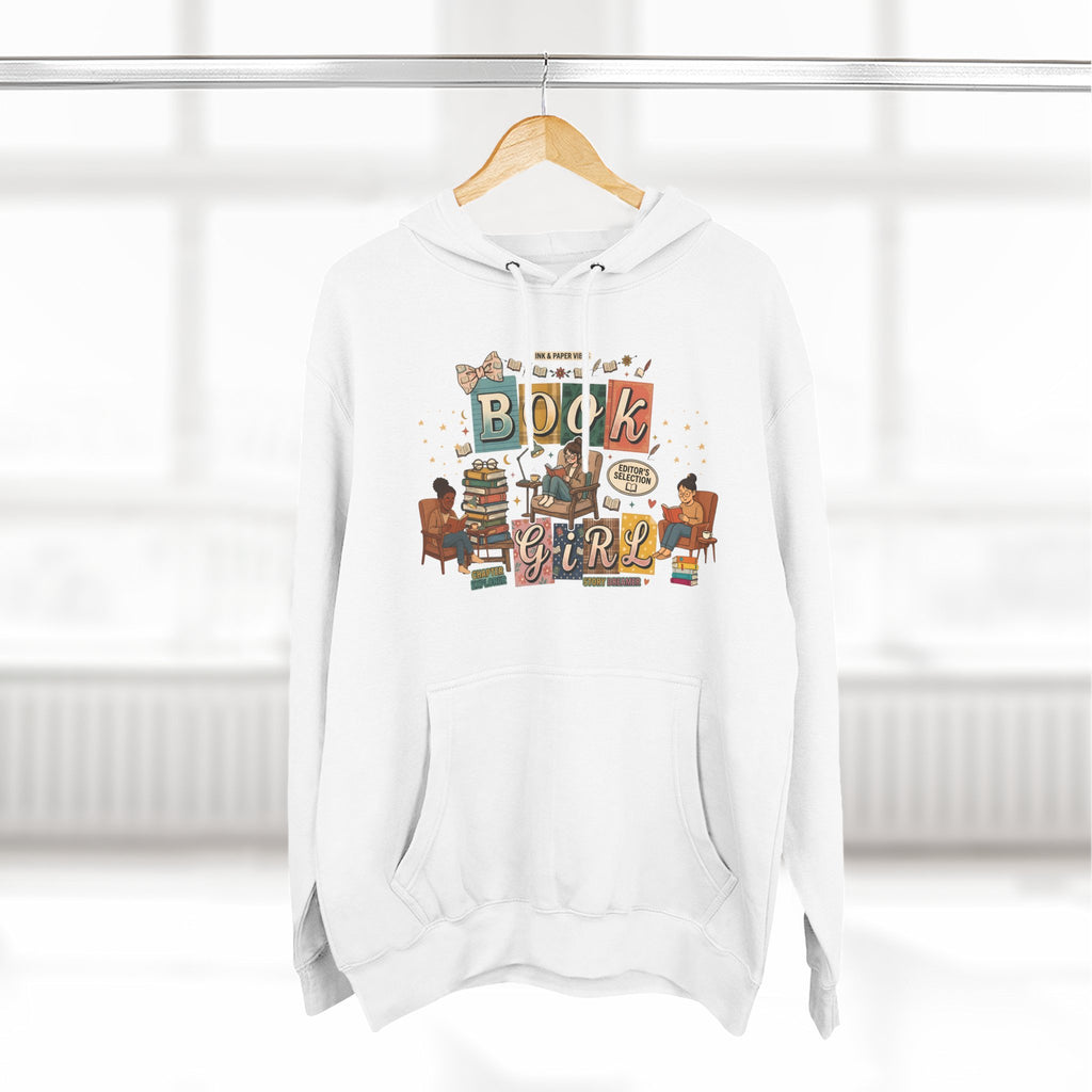 Book Girl Hoodie — Cozy Reading Lovers Pullover with Stacks & Armchair Illustration