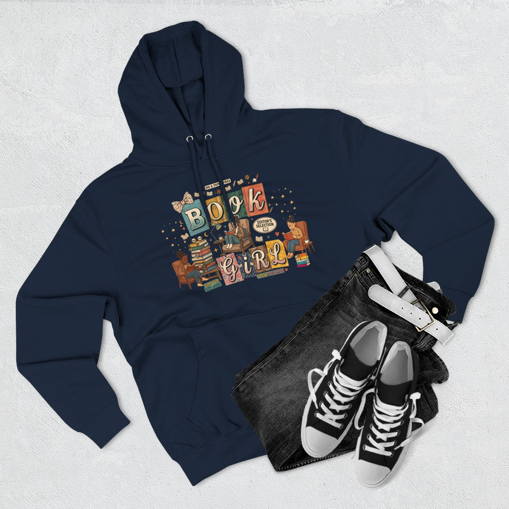 Book Girl Hoodie — Cozy Reading Lovers Pullover with Stacks & Armchair Illustration