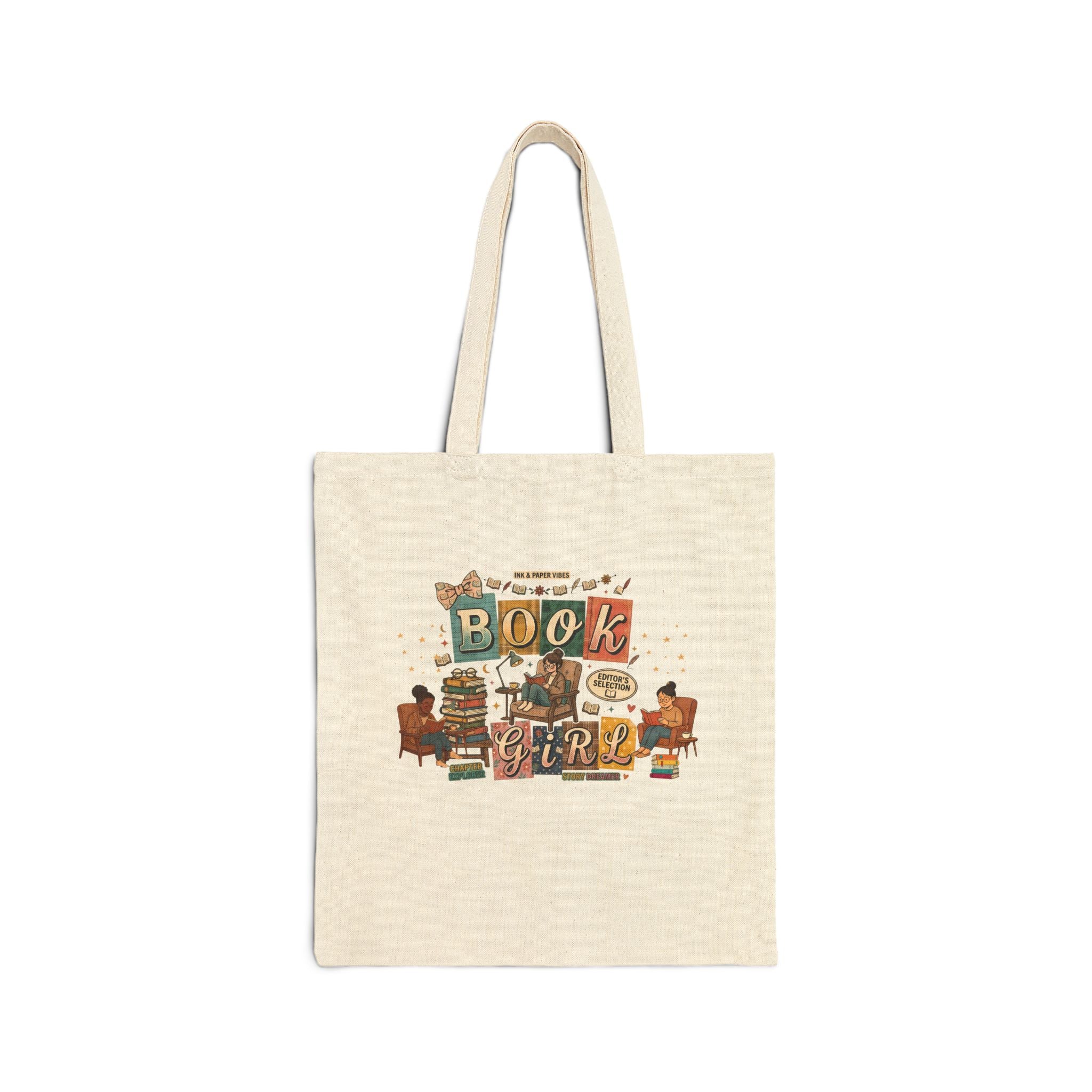 Book Girl Canvas Tote Bag — Vintage Reading Stack Design
