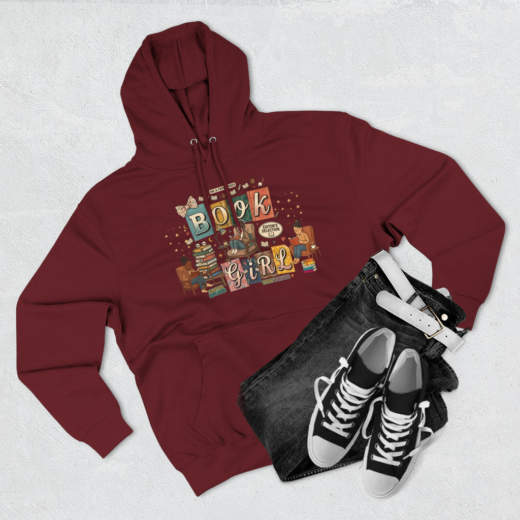 Book Girl Hoodie — Cozy Reading Lovers Pullover with Stacks & Armchair Illustration
