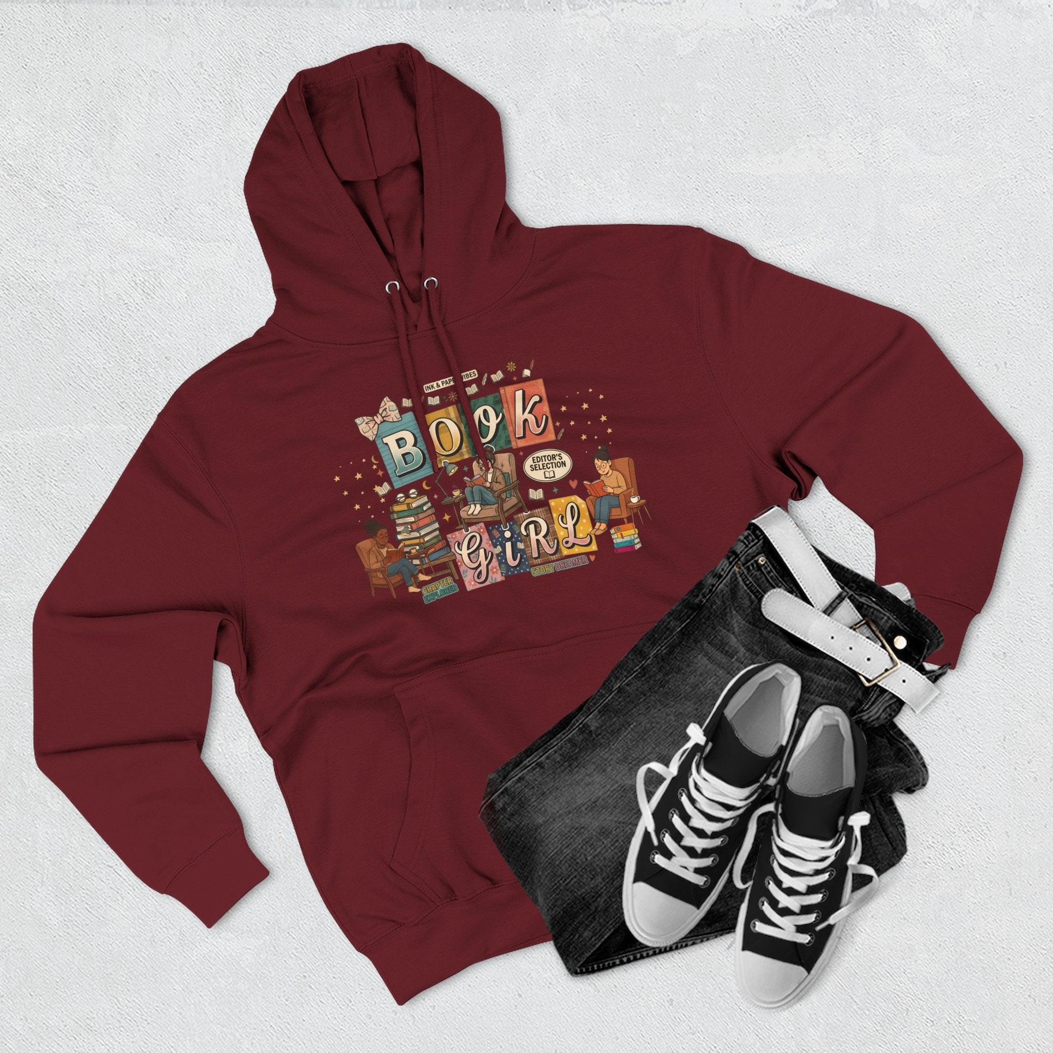 Book Girl Hoodie — Cozy Reading Lovers Pullover with Stacks & Armchair Illustration