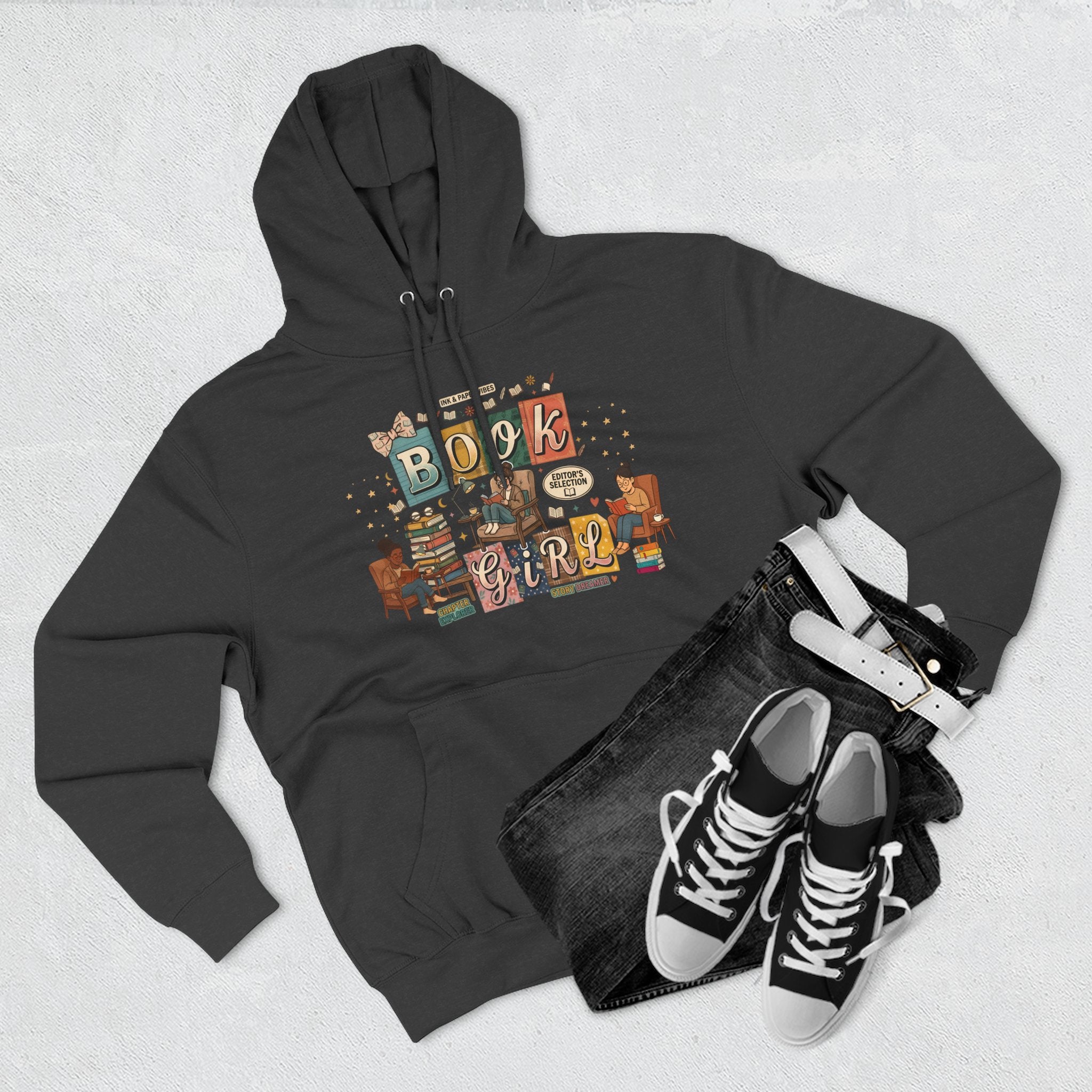 Book Girl Hoodie — Cozy Reading Lovers Pullover with Stacks & Armchair Illustration